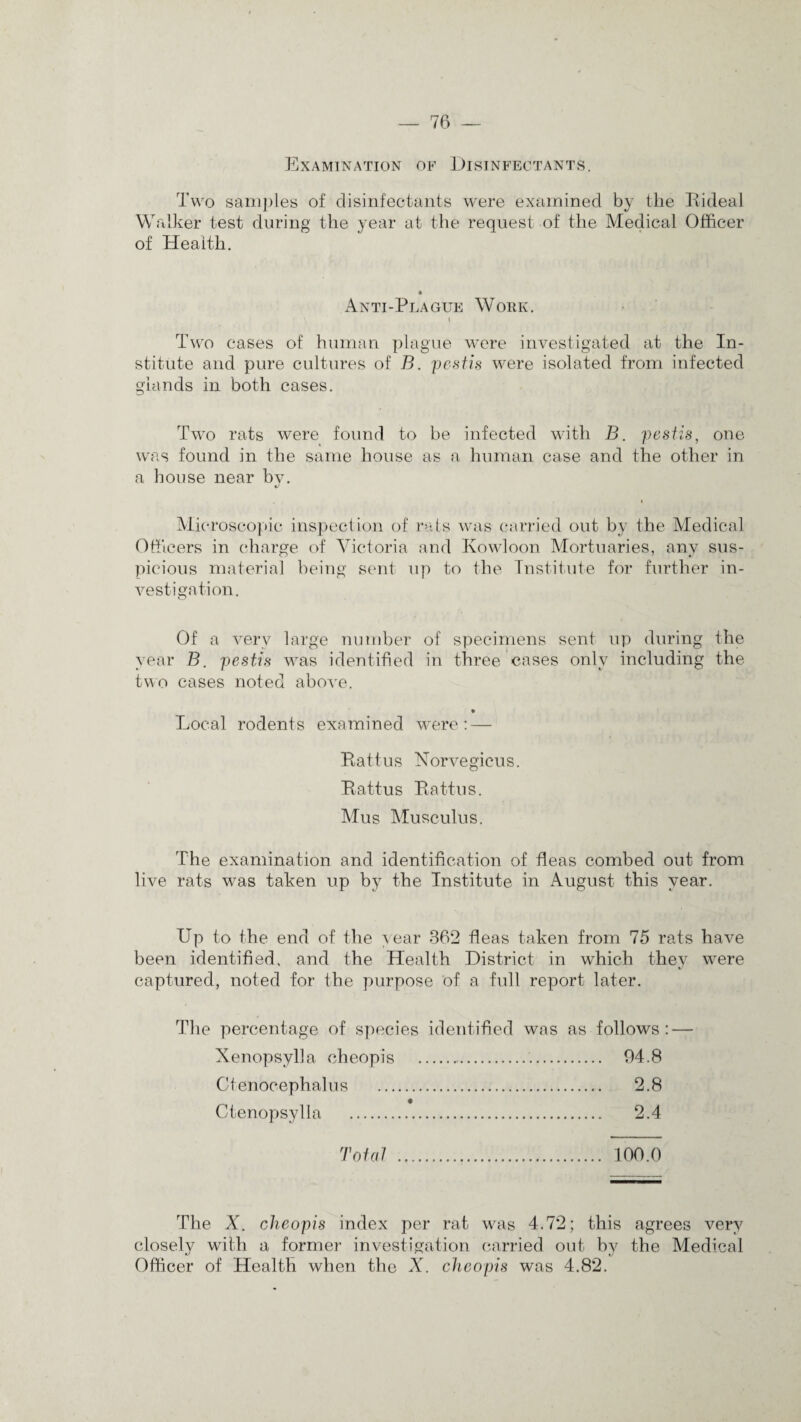 Examination of Disinfectants. Two samples of disinfectants were examined by tlie Bideal Walker test during the year at the request of the Medical Officer of Health. Anti-Plague Work. i Two cases of human plague were investigated at the In¬ stitute and pure cultures of B. pestis were isolated from infected glands in both cases. Two rats were found to be infected with B. pestis, one was found in the same house as a human case and the other in a house near bv. €/ Microscopic inspection of rats was carried out by the Medical Officers in charge of Victoria and Kowloon Mortuaries, any sus¬ picious materia] being sent up to the Institute for further in¬ vestigation. Of a very large number of specimens sent up during the year B. pestis was identified in three cases only including the two cases noted above. Local rodents examined were: — Battus Norvegieus. Battus Battus. Mus Musculus. The examination and identification of fleas combed out from live rats was taken up by the Institute in August this year. Up to the end of the year 362 fleas taken from 75 rats have been identified, and the Health District in which they were captured, noted for the purpose of a full report later. The percentage of species identified was as follows: — Xenopsylla eheopis . 94.8 Cfenocephalus . 2.8 Ctenopsylla . 2.4 Total . 100.0 The X. eheopis index per rat was 4.72; this agrees very closely with a former investigation carried out by the Medical Officer of Health when the X. eheopis was 4.82.