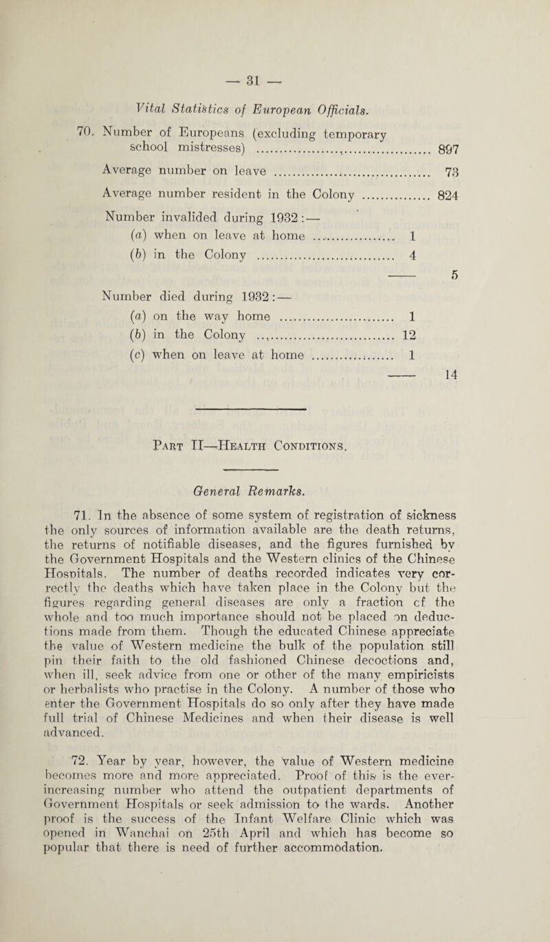 Vital Statistics of European Officials. 70. Number of Europeans (excluding temporary school mistresses) ... Average number on leave ... Average number resident in the Colony . Number invalided during 1932: — (a) when on leave at home .. 1 (b) in the Colony . 4 Number died during 1932: — (a) on the way home . 1 (b) in the Colony ... 12 (c) when on leave at home .;. 1 897 73 824 5 14 Part II—Health Conditions. General Remarks. 71. In the absence of some system of registration of sickness the only sources of information available are the death returns, the returns of notifiable diseases, and the figures furnished by the Government Hospitals and the Western clinics of the Chinese Hospitals. The number of deaths recorded indicates very cor¬ rectly the deaths which have taken place in the Colony but the figures regarding general diseases are only a fraction cf the whole and too much importance should not be placed on deduc¬ tions made from them. Though the educated Chinese appreciate the value of Western medicine the bulk of the population still pin their faith to the old fashioned Chinese decoctions and, when ill, seek advice from one or other of the many empiricists or herbalists who practise in the Colony. A number of those who enter the Government Hospitals do so only after they have made full trial of Chinese Medicines and when their disease is well advanced. 72. Year by year, however, the value of Western medicine becomes more and more appreciated. Proof of this is the ever- increasing number who attend the outpatient departments of Government Hospitals or seek admission to the wards. Another proof is the success of the Infant Welfare Clinic which was opened in Wanchai on 25th April and which has become so popular that there is need of further accommodation.