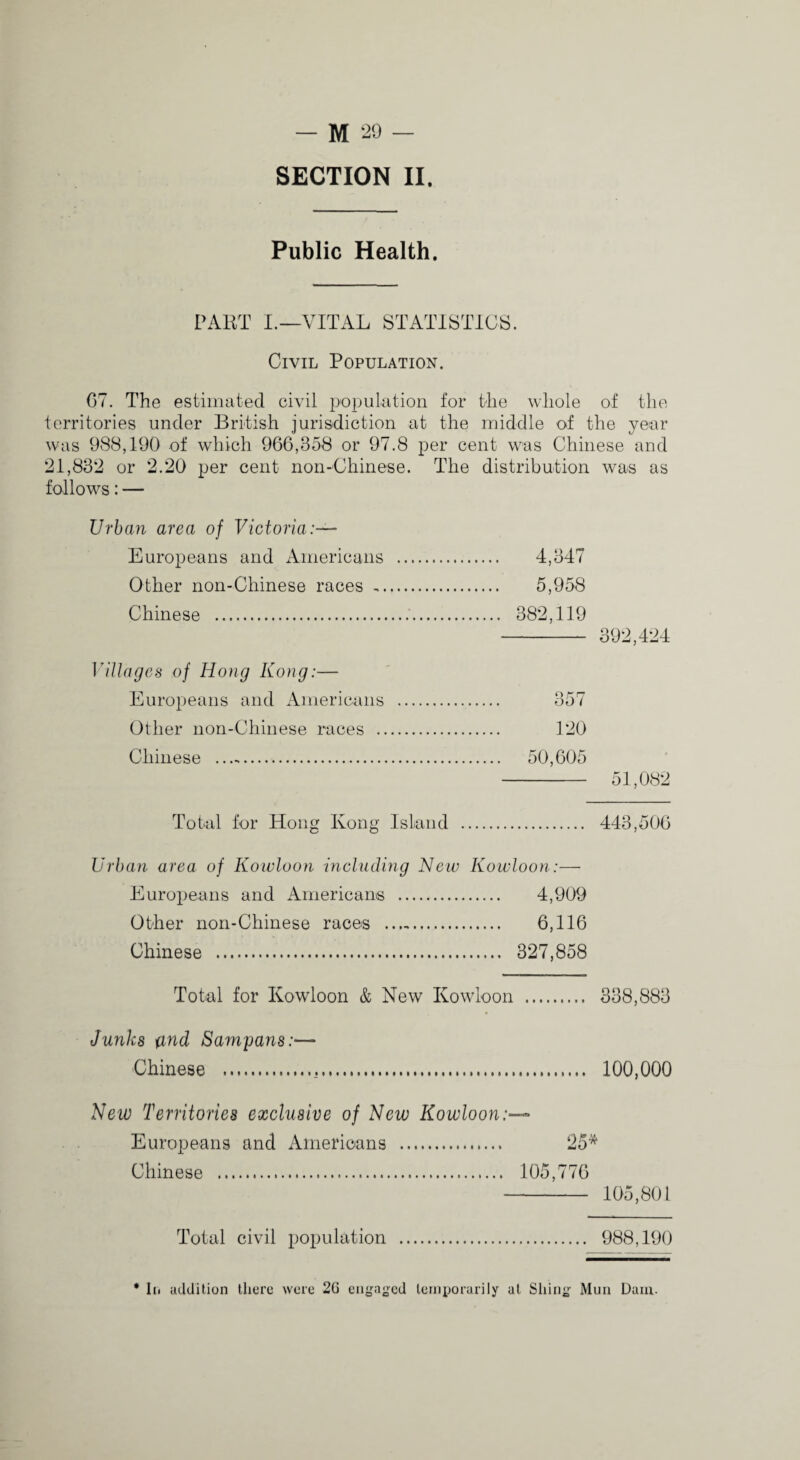 SECTION II. Public Health. PART I.—VITAL STATISTICS. Civil Population. C7. The estimated civil population for the whole of the territories under British jurisdiction at the middle of the yeur was 988,190 of which 966,358 or 97.8 per cent was Chinese and ‘21,832 or 2.20 per cent non-Chinese. The distribution was as follows: — Urban area of Victoria:— Europeans and Americans . 4,347 Other non-Chinese races . 5,958 Chinese . 382,119 - 392,424 ]^illages of Hong Kong:— Europeans and Americans Other non-Chinese races .. Chinese .. 120 50,605 51,082 Total for Hong Kong Island . 443,506 Urban area of Kowloon including New Kowloon:— Europeans and Americans . 4,909 Other non-Chinese races . 6,116 Chinese . 327,858 Total for Kowloon & New Kowloon . 338,883 Junks Sampans:— Chinese . 100,000 New Territories exclusive of New Kowloon:— Europeans and Americans . 25* Chinese . 105,776 - 105,801 Total civil population . 988,190