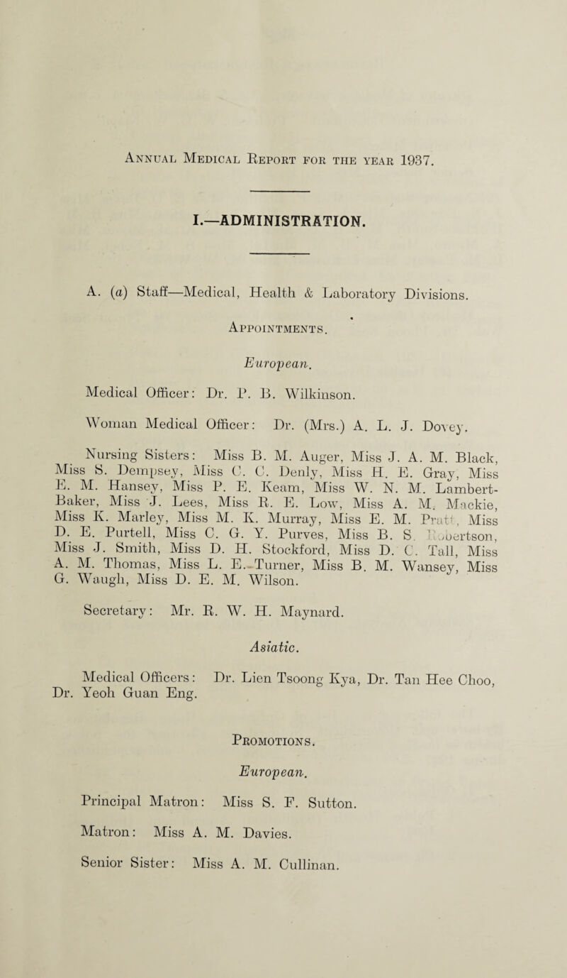 Annual Medical Report for the year 1937. I.—ADMINISTRATION. A. (a) Staff—Medical, Health & Laboratory Divisions. « Appointments. European. Medical Officer: Dr. P. B. Wilkinson. Woman Medical Officer: Dr. (Airs.) A. L. J. Dovey. Nursing Sisters: Miss B. M. Auger, Miss J. A. M. Black, Miss S. Dempsey, Miss C. C. Denly, Miss H. E. Gray, Miss E. M. Hansey, Miss P. E. Ream, Miss W. N. M. Lambert- Baker, Miss J. Lees, Miss R. E. Low, Miss A. M. Mackie, Miss K. Marley, Miss M. K. Murray, Miss E. M. Pratt, Miss D. E. Purtell, Miss C. G. Y. Purves, Miss B. S. 'Loertson, Miss J. Smith, Miss D. H. Stockford, Miss D. C. Tall, Miss A. M. Thomas, Miss L. E. Turner, Miss B. M. Wansey, Miss G. Waugh, Miss D. E. M. Wilson. Secretary: Mr. R. W. H. Maynard. Asiatic. Medical Officers: Dr. Lien Tsoong Kya, Dr. Tan Hee Choo, Dr. Yeoli Guan Eng. Promotions. European. Principal Matron: Miss S. E. Sutton. Matron: Miss A. M. Davies.