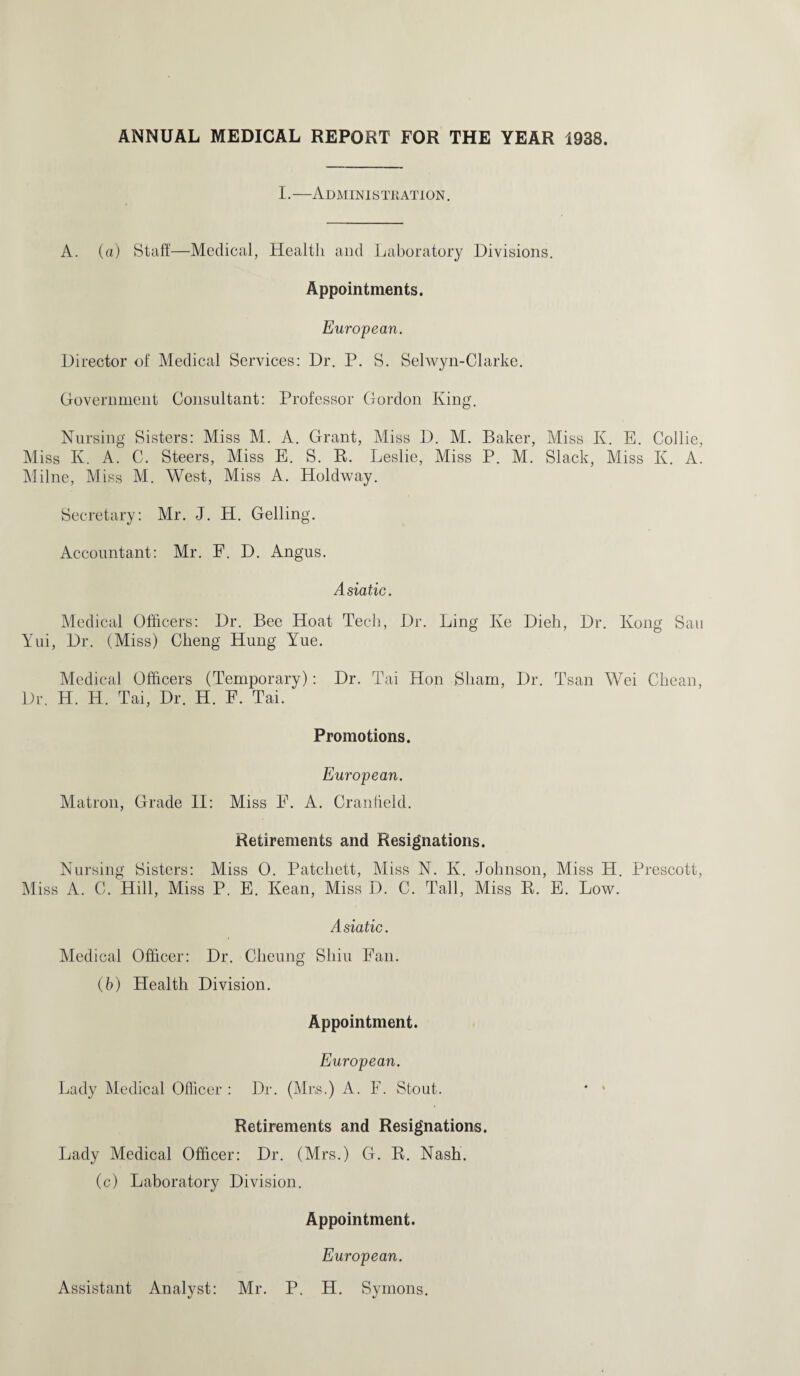 ANNUAL MEDICAL REPORT FOR THE YEAR 1938. I.—Administration. A. (a) Staff—Medical, Health and Laboratory Divisions. Appointments. European. Director of Medical Services: Dr. P. S. Selwyn-Clarke. Government Consultant: Professor Gordon King. Nursing Sisters: Miss M. A. Grant, Miss D. M. Baker, Miss K. E. Collie, Miss K. A. C. Steers, Miss E. S. R. Leslie, Miss P. M. Slack, Miss K. A. Milne, Miss M. West, Miss A. Holdway. Secretary: Mr. J. H. Gelling. Accountant: Mr. F. D. Angus. Asiatic. Medical Officers: Dr. Bee Hoat Tech, Dr. Ling Ive Dieh, Dr. Kong Sau Yui, Dr. (Miss) Cheng Hung Yue. Medical Officers (Temporary): Dr. Tai Hon Sham, Dr. Tsan Wei Chean, Dr. IT. H. Tai, Dr. H. E. Tai. Promotions. European. Matron, Grade II: Miss E. A. Cranfield. Retirements and Resignations. Nursing Sisters: Miss 0. Patchett, Miss N. K. Johnson, Miss H. Prescott, Miss A. C. Hill, Miss P. E. Kean, Miss D. C. Tall, Miss R. E. Low. Asiatic. Medical Officer: Dr. Cheung Shin Pan. (b) Health Division. Appointment. European. Lady Medical Officer : Dr. (Mrs.) A. F. Stout. Retirements and Resignations. Lady Medical Officer: Dr. (Mrs.) G. R. Nash. (c) Laboratory Division. Appointment. European. Assistant Analyst: Mr. P. H. Symons.