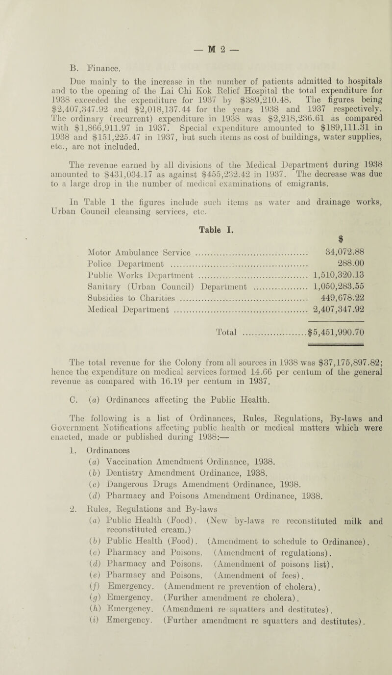 B. Finance. Due mainly to the increase in the number of patients admitted to hospitals and to the opening of the Lai Chi Ivok Relief Hospital the total expenditure for 1938 exceeded the expenditure for 1937 by $389,210.48. The figures being $2,407,347.92 and $2,018,137.44 for the years 1938 and 1937 respectively. The ordinary (recurrent) expenditure in 1938 was $2,218,236.61 as compared with $1,866,911.97 in 1937. Special expenditure amounted to $189,111.31 in 1938 and $151,225.47 in 1937, but such items as cost of buildings, water supplies, etc., are not included. The revenue earned by all divisions of the Medical Department during 1938 amounted to $431,034.17 as against $455,232.42 in 1937. The decrease was due to a large drop in the number of medical examinations of emigrants. In Table 1 the figures include such items as water and drainage works, Urban Council cleansing services, etc. Motor Ambulance Service . 34,072.88 Police Department . 288.00 Public Works Department . 1,510,320.13 Sanitary (Urban Council) Department . 1,050,283.55 Subsidies to Charities . 449,678.22 Medical Department . 2,407,347.92 Total $5,451,990.70 The total revenue for the Colony from all sources in 1938 was $37,175,897.82; hence the expenditure on medical services formed 14.66 per centum of the general revenue as compared with 16.19 per centum in 1937. C. (a) Ordinances affecting the Public Health. The following is a list of Ordinances, Rules, Regulations, By-laws and Government Notifications affecting public health or medical matters which were enacted, made or published during 1938:— 1. Ordinances (а) Vaccination Amendment Ordinance, 1938. (б) Dentistry Amendment Ordinance, 1938. (c) Dangerous Drugs Amendment Ordinance, 1938. (d) Pharmacy and Poisons Amendment Ordinance, 1938. 2. Rules, Regulations and By-laws (a) Public Health (Food). (New by-laws re reconstituted milk and reconstituted cream.) (b) Public Health (Food). (Amendment to schedule to Ordinance). (c) Pharmacy and Poisons. (Amendment of regulations). (d) Pharmacy and Poisons. (Amendment of poisons list). (e) Pharmacy and Poisons. (Amendment of fees). (/) Emergency. (Amendment re prevention of cholera). (g) Emergency. (Further amendment re cholera). (h) Emergency. (Amendment re squatters and destitutes). (i) Emergency. (Further amendment re squatters and destitutes).