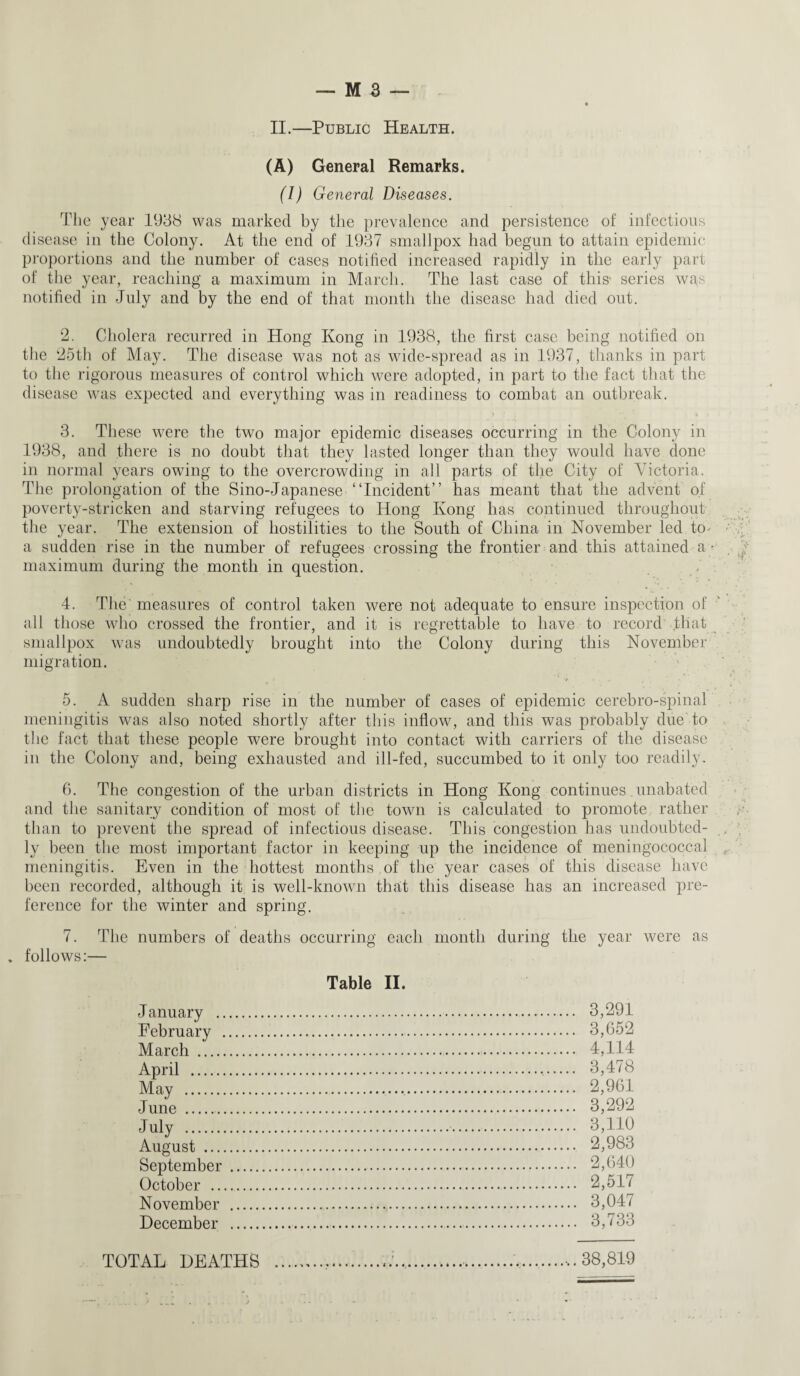 II.—Public Health. (A) General Remarks. (i) General Diseases. The year 1938 was marked by the prevalence and persistence of infectious disease in the Colony. At the end of 1937 smallpox had begun to attain epidemic proportions and the number of cases notified increased rapidly in the early part of the year, reaching a maximum in March. The last case of this' series was notified in July and by the end of that month the disease had died out. 2. Cholera recurred in Hong Kong in 1938, the first case being notified on the 25th of May. The disease was not as wide-spread as in 1937, thanks in part to the rigorous measures of control which were adopted, in part to the fact that the disease was expected and everything was in readiness to combat an outbreak. 3. These were the two major epidemic diseases occurring in the Colony in 1938, and there is no doubt that they lasted longer than they would have done in normal years owing to the overcrowding in all parts of the City of Victoria. The prolongation of the Sino-Japanese “Incident” has meant that the advent of poverty-stricken and starving refugees to Hong Kong has continued throughout the year. The extension of hostilities to the South of China in November led to' a sudden rise in the number of refugees crossing the frontier and this attained a • maximum during the month in question. 4. The measures of control taken were not adequate to ensure inspection of all those who crossed the frontier, and it is regrettable to have to record that smallpox was undoubtedly brought into the Colony during this November migration. 5. A sudden sharp rise in the number of cases of epidemic cerebro-spinal meningitis was also noted shortly after this inflow, and this was probably due to the fact that these people were brought into contact with carriers of the disease in the Colony and, being exhausted and ill-fed, succumbed to it only too readily. 6. The congestion of the urban districts in Hong Kong continues unabated and the sanitary condition of most of the town is calculated to promote rather than to prevent the spread of infectious disease. This congestion has undoubted¬ ly been the most important factor in keeping up the incidence of meningococcal meningitis. Even in the hottest months of the year cases of this disease have been recorded, although it is well-known that this disease has an increased pre¬ ference for the winter and spring. 7. The numbers of deaths occurring each month during the year were as . follows:— Table II. January . 3,291 February . 3,652 March . 4,114 April . 3,478 May . 2,961 June . 3,292 July . 3,110 August . 2,983 September . 2,640 October . 2,517 November . 3,047 December . 3,733 TOTAL DEATHS ....... 38,819