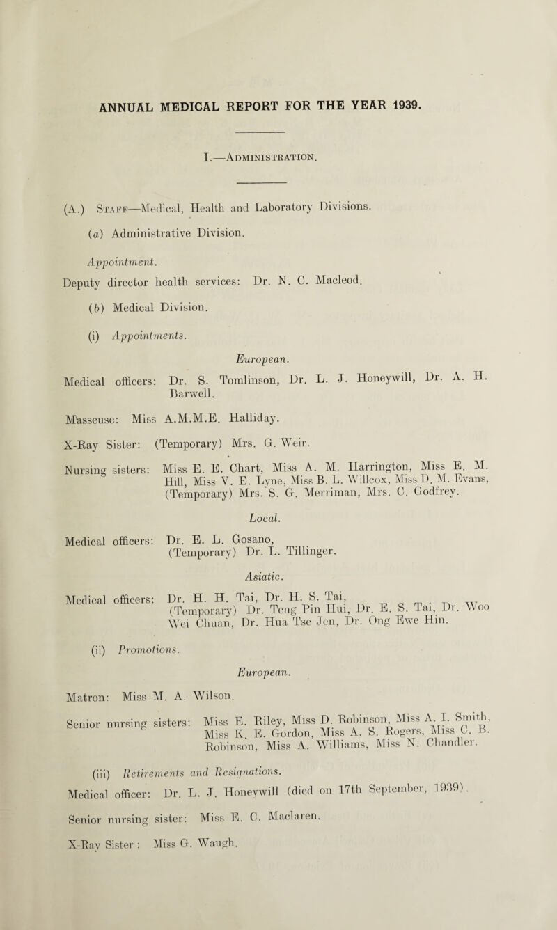ANNUAL MEDICAL REPORT FOR THE YEAR 1939. I. —Administration . (A.) Staff—Medical, Health and Laboratory Divisions. (a) Administrative Division. Appointment. Deputy director health services: Dr. N. C. Macleod. (b) Medical Division. (i) Appointments. European. Medical officers: Dr. S. Tomlinson, Dr. L. J. Honeywill, Dr. A. H Bar well. Masseuse: Miss A.M.M.E. Halliday. X-Ray Sister: (Temporary) Mrs. G. Weir. Nursing sisters: Miss E. E. Chart, Miss A. M. Harrington, Miss E. M. Hill, Miss V. E. Lyne, MissB. L. Willcox, MissD. M. Evans, (Temporary) Mrs. S. G. Merriman, Mrs. C. Godfrey. Local. Medical officers: Dr. E. L. Gosano, (Temporary) Dr. L. Tillinger. Asiatic. Medical officers: Dr. H. H. Tai, Dr. H. S. Tai, (Temporary) Dr. Teng Pin Hui, Dr. E. S. Tai, Di. Woo WTei Chuan, Dr. Hua Tse Jen, Dr. Ong Ewe Hin, (ii) Promotions. European. Matron: Miss M. A. Wilson. Senior nursing sisters: Miss E. Riley, Miss D. Robinson, Miss A. I. Smith, Miss K E. Gordon, Miss A. S. Rogers, Miss C. B. Robinson, Miss A. Williams, Miss N. Chandler. (iii) Retirements and Resignations. Medical officer: Dr. L. J. Honeywill (died on 17th September, 1939). Senior nursing sister: Miss E. C. Maclaien. X-Ray Sister : Miss G. Waugh.
