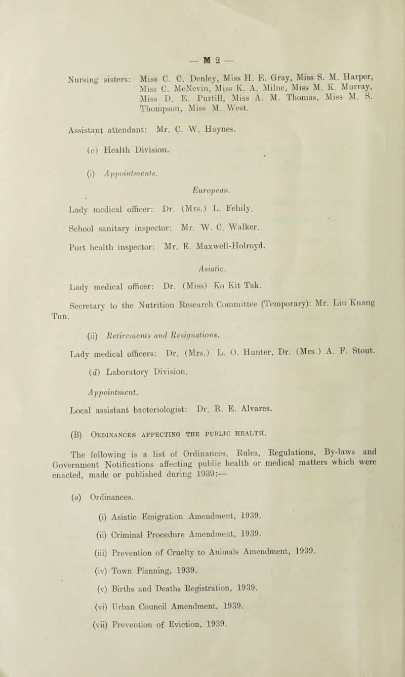 Nursing sisters: Miss C. C. Denley, Miss H. E. Gray, Miss S. M. Harper, Miss C. McNevin, Miss K. A. Milne, Miss M. K. Murray, Miss D. E. Purtill, Miss A. M. Thomas, Miss M. S. Thompson, Miss M. West. Assistant attendant: Mr. C. W. Haynes. (c) Health Division. « (i) Appointments. European. Lady medical officer: Dr. (Mrs.) L. Feliily. School sanitary inspector: Mr. W. C. Walker. Port health inspector: Mr. E. Maxwell-Holroyd. Asiatic. Lady medical officer: Dr. (Miss) Ko Ivit Tak. Secretary to the Nutrition Research Committee (Temporary): Mr. Liu Kuang Tun. (ii) Retirements and Resignations. Lady medical officers: Dr. (Mrs.) L. 0. Hunter, Dr. (Mrs.) A. F. Stout. (d) Laboratory Division. Appointment. Local assistant bacteriologist: Dr. R. E. Alvares. (B) Ordinances affecting the public health. The following is a list of Ordinances, Rules, Regulations, By-laws and Government Notifications affecting public health or medical matters which were enacted, made or published during 1939:— (a) Ordinances. (i) Asiatic Emigration Amendment, 1939. (ii) Criminal Procedure Amendment, 1939. (iii) Prevention of Cruelty to Animals Amendment, 1939. (iv) Town Planning, 1939. % (v) Births and Deaths Registration, 1939. (vi) Urban Council Amendment, 1939. (vii) Prevention of Eviction, 1939.