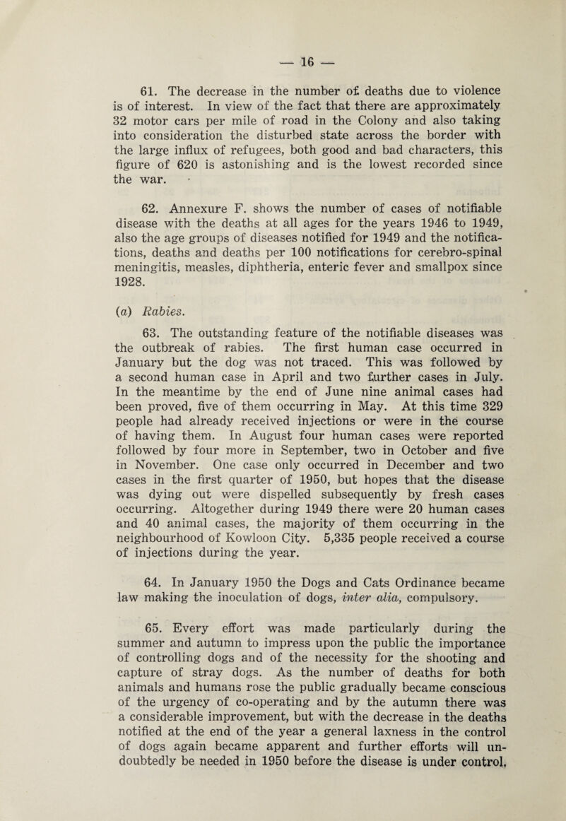 61. The decrease in the number of deaths due to violence is of interest. In view of the fact that there are approximately 32 motor cars per mile of road in the Colony and also taking into consideration the disturbed state across the border with the large influx of refugees, both good and bad characters, this figure of 620 is astonishing and is the lowest recorded since the war. 62. Annexure F. shows the number of cases of notifiable disease with the deaths at all ages for the years 1946 to 1949, also the age groups of diseases notified for 1949 and the notifica¬ tions, deaths and deaths per 100 notifications for cerebro-spinal meningitis, measles, diphtheria, enteric fever and smallpox since 1928. (a) Rabies. 63. The outstanding feature of the notifiable diseases was the outbreak of rabies. The first human case occurred in January but the dog was not traced. This was followed by a second human case in April and two further cases in July. In the meantime by the end of June nine animal cases had been proved, five of them occurring in May. At this time 329 people had already received injections or were in the course of having them. In August four human cases were reported followed by four more in September, two in October and five in November. One case only occurred in December and two cases in the first quarter of 1950, but hopes that the disease was dying out were dispelled subsequently by fresh cases occurring. Altogether during 1949 there were 20 human cases and 40 animal cases, the majority of them occurring in the neighbourhood of Kowloon City. 5,335 people received a course of injections during the year. 64. In January 1950 the Dogs and Cats Ordinance became law making the inoculation of dogs, inter alia, compulsory. 65. Every effort was made particularly during the summer and autumn to impress upon the public the importance of controlling dogs and of the necessity for the shooting and capture of stray dogs. As the number of deaths for both animals and humans rose the public gradually became conscious of the urgency of co-operating and by the autumn there was a considerable improvement, but with the decrease in the deaths notified at the end of the year a general laxness in the control of dogs again became apparent and further efforts will un¬ doubtedly be needed in 1950 before the disease is under control.