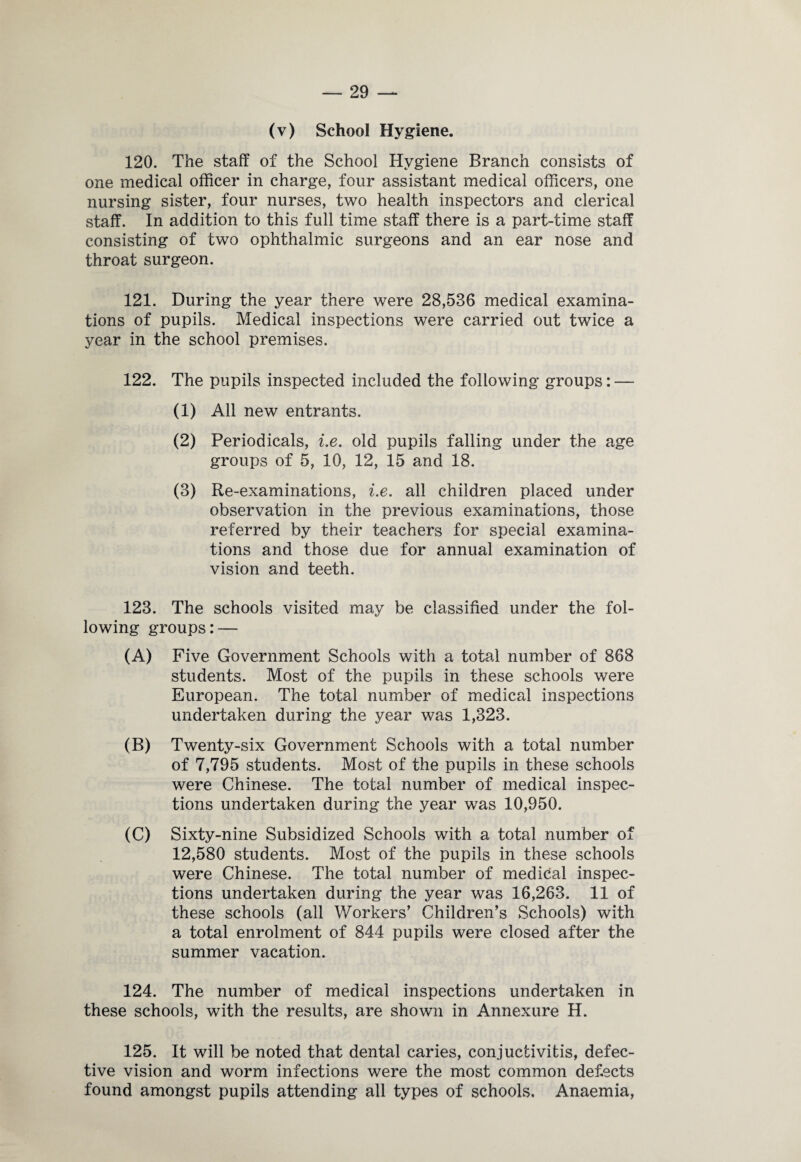 (v) School Hygiene. 120. The staff of the School Hygiene Branch consists of one medical officer in charge, four assistant medical officers, one nursing sister, four nurses, two health inspectors and clerical staff. In addition to this full time staff there is a part-time staff consisting of two ophthalmic surgeons and an ear nose and throat surgeon. 121. During the year there were 28,536 medical examina¬ tions of pupils. Medical inspections were carried out twice a year in the school premises. 122. The pupils inspected included the following groups: — (1) All new entrants. (2) Periodicals, i.e. old pupils falling under the age groups of 5, 10, 12, 15 and 18. (3) Re-examinations, i.e. all children placed under observation in the previous examinations, those referred by their teachers for special examina¬ tions and those due for annual examination of vision and teeth. 123. The schools visited may be classified under the fol¬ lowing groups:— (A) Five Government Schools with a total number of 868 students. Most of the pupils in these schools were European. The total number of medical inspections undertaken during the year was 1,323. (B) Twenty-six Government Schools with a total number of 7,795 students. Most of the pupils in these schools were Chinese. The total number of medical inspec¬ tions undertaken during the year was 10,950. (C) Sixty-nine Subsidized Schools with a total number of 12,580 students. Most of the pupils in these schools were Chinese. The total number of medical inspec¬ tions undertaken during the year was 16,263. 11 of these schools (all Workers’ Children’s Schools) with a total enrolment of 844 pupils were closed after the summer vacation. 124. The number of medical inspections undertaken in these schools, with the results, are shown in Annexure H. 125. It will be noted that dental caries, conjuctivitis, defec¬ tive vision and worm infections were the most common defects found amongst pupils attending all types of schools. Anaemia,