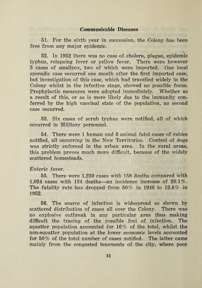 Communicable Diseases 51. For the sixth year in succession, the Colony has been free from any major epidemic. • 52. In 1952 there was no case of cholera, plague, epidemic typhus, relapsing fever or yellow fever. There were however 3 cases of smallpox, two of which were imported. One local sporadic case occurred one month after the first imported case, but investigation of this case, which had travelled widely in the Colony whilst in the infective stage, showed no possible focus. Prophylactic measures were adopted immediately. Whether as a result of this, or as is more likely due to the immunity con¬ ferred by the high vaccinal state of the population, no second case occurred. 53. Six cases of scrub typhus were notified, all of which occurred in Military personnel. 54. There were 1 human and 6 animal fatal cases of rabies notified, all occurring in the New Territories. Control of dogs was strictly enforced in the urban area. In the rural areas, this problem proves much more difficult, because of the widely scattered homesteads. Enteric fever. 55. There were 1,230 cases with 158 deaths compared with 1,024 cases with 134 deaths—an incidence increase of 20.1%. The fatality rate has dropped from 50% in 1946 to 12.8% in 1952. 56. The source of infection is widespread as shown by scattered distribution of cases all over the Colony. There was no explosive outbreak in any particular area thus making difficult the tracing of the possible foci of infection. The squatter population accounted for 16% of the total, whilst the non-squatter population at the lower economic levels accounted for 50% of the total number of cases notified. The latter came mainly from the congested tenements of the city, where poor