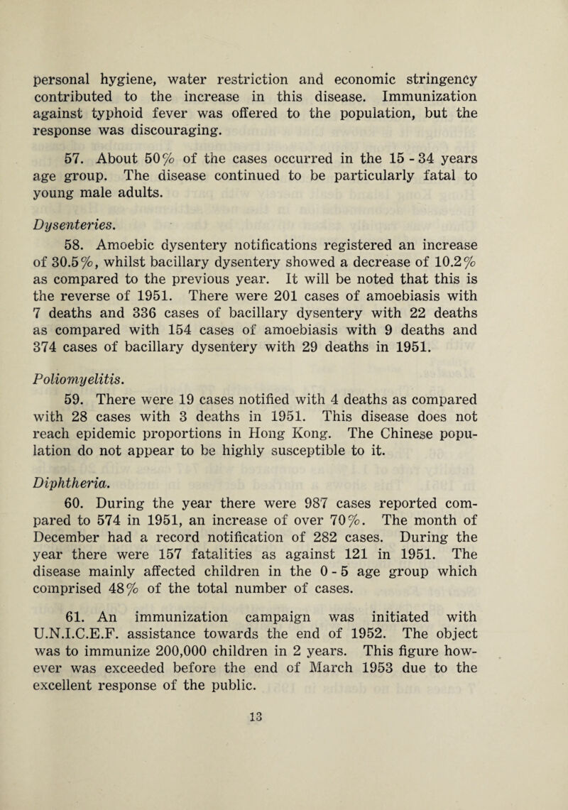 personal hygiene, water restriction and economic stringency contributed to the increase in this disease. Immunization against typhoid fever was offered to the population, but the response was discouraging. 57. About 50% of the cases occurred in the 15-34 years age group. The disease continued to be particularly fatal to young male adults. Dysenteries. 58. Amoebic dysentery notifications registered an increase of 30.5%, whilst bacillary dysentery showed a decrease of 10.2% as compared to the previous year. It will be noted that this is the reverse of 1951. There were 201 cases of amoebiasis with 7 deaths and 336 cases of bacillary dysentery with 22 deaths as compared with 154 cases of amoebiasis with 9 deaths and 374 cases of bacillary dysentery with 29 deaths in 1951. Poliomyelitis. 59. There were 19 cases notified with 4 deaths as compared with 28 cases with 3 deaths in 1951. This disease does not reach epidemic proportions in Hong Kong. The Chinese popu¬ lation do not appear to be highly susceptible to it. Diphtheria. 60. During the year there were 987 cases reported com¬ pared to 574 in 1951, an increase of over 70%. The month of December had a record notification of 282 cases. During the year there were 157 fatalities as against 121 in 1951. The disease mainly affected children in the 0-5 age group which comprised 48% of the total number of cases. 61. An immunization campaign was initiated with U.N.I.C.E.F. assistance towards the end of 1952. The object was to immunize 200,000 children in 2 years. This figure how¬ ever was exceeded before the end of March 1953 due to the excellent response of the public.