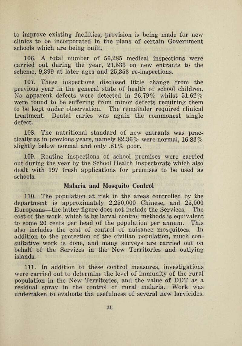 to improve existing facilities, provision is being made for new clinics to be incorporated in the plans of certain Government schools which are being built. 106. A total number of 56,285 medical inspections were carried out during the year, 21,533 on new entrants to the scheme, 9,399 at later ages and 25,353 re-inspections. 107. These inspections disclosed little change from the previous year in the general state of health of school children. No apparent defects were detected in 26.79% whilst 51.62% were found to be suffering from minor defects requiring them to be kept under observation. The remainder required clinical treatment. Dental caries was again the commonest single defect. 108. The nutritional standard of new entrants was prac¬ tically as in previous years, namely 82.36% were normal, 16.83% slightly below normal and only .81% poor. 109. Routine inspections of school premises were carried out during the year by the School Health Inspectorate which also dealt with 197 fresh applications for premises to be used as schools. Malaria and Mosquito Control 110. The population at risk in the areas controlled by the department is approximately 2,250,000 Chinese, and 25,000 Europeans—the latter figure does not include the Services. The cost of the work, which is by larval control methods is equivalent to some 20 cents per head of the population per annum. This also includes the cost of control of nuisance mosquitoes. In addition to the protection of the civilian population, much con¬ sultative work is done, and many surveys are carried out on behalf of the Services in the New Territories and outlying islands. 111. In addition to these control measures, investigations were carried out to determine the level of immunity of the rural population in the New Territories, and the value of DDT as a residual spray in the control of rural malaria. Work was undertaken to evaluate the usefulness of several new larvicides.