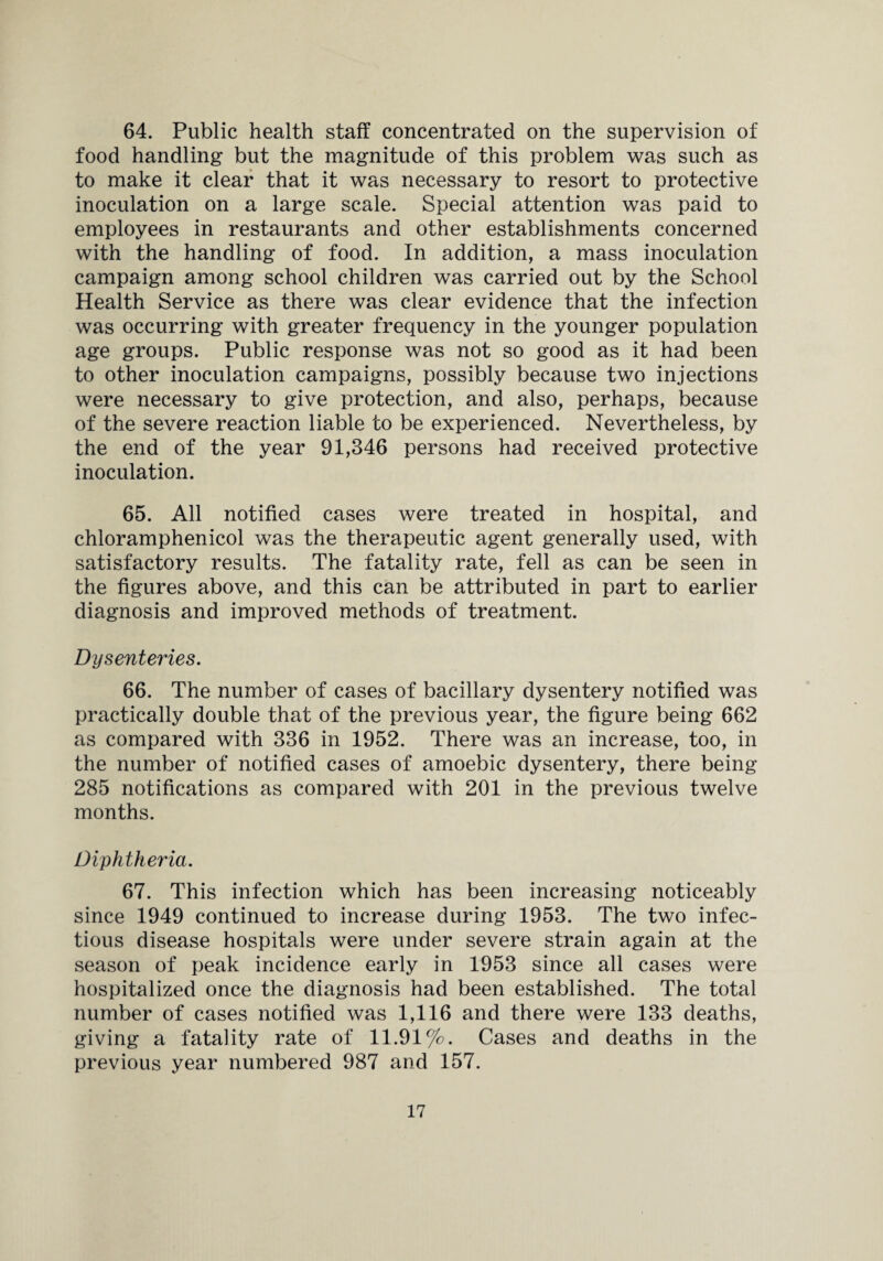 64. Public health staff concentrated on the supervision of food handling but the magnitude of this problem was such as to make it clear that it was necessary to resort to protective inoculation on a large scale. Special attention was paid to employees in restaurants and other establishments concerned with the handling of food. In addition, a mass inoculation campaign among school children was carried out by the School Health Service as there was clear evidence that the infection was occurring with greater frequency in the younger population age groups. Public response was not so good as it had been to other inoculation campaigns, possibly because two injections were necessary to give protection, and also, perhaps, because of the severe reaction liable to be experienced. Nevertheless, by the end of the year 91,346 persons had received protective inoculation. 65. All notified cases were treated in hospital, and chloramphenicol was the therapeutic agent generally used, with satisfactory results. The fatality rate, fell as can be seen in the figures above, and this can be attributed in part to earlier diagnosis and improved methods of treatment. Dysenteries. 66. The number of cases of bacillary dysentery notified was practically double that of the previous year, the figure being 662 as compared with 336 in 1952. There was an increase, too, in the number of notified cases of amoebic dysentery, there being 285 notifications as compared with 201 in the previous twelve months. Diphtheria. 67. This infection which has been increasing noticeably since 1949 continued to increase during 1953. The two infec¬ tious disease hospitals were under severe strain again at the season of peak incidence early in 1953 since all cases were hospitalized once the diagnosis had been established. The total number of cases notified was 1,116 and there were 133 deaths, giving a fatality rate of 11.91%. Cases and deaths in the previous year numbered 987 and 157.
