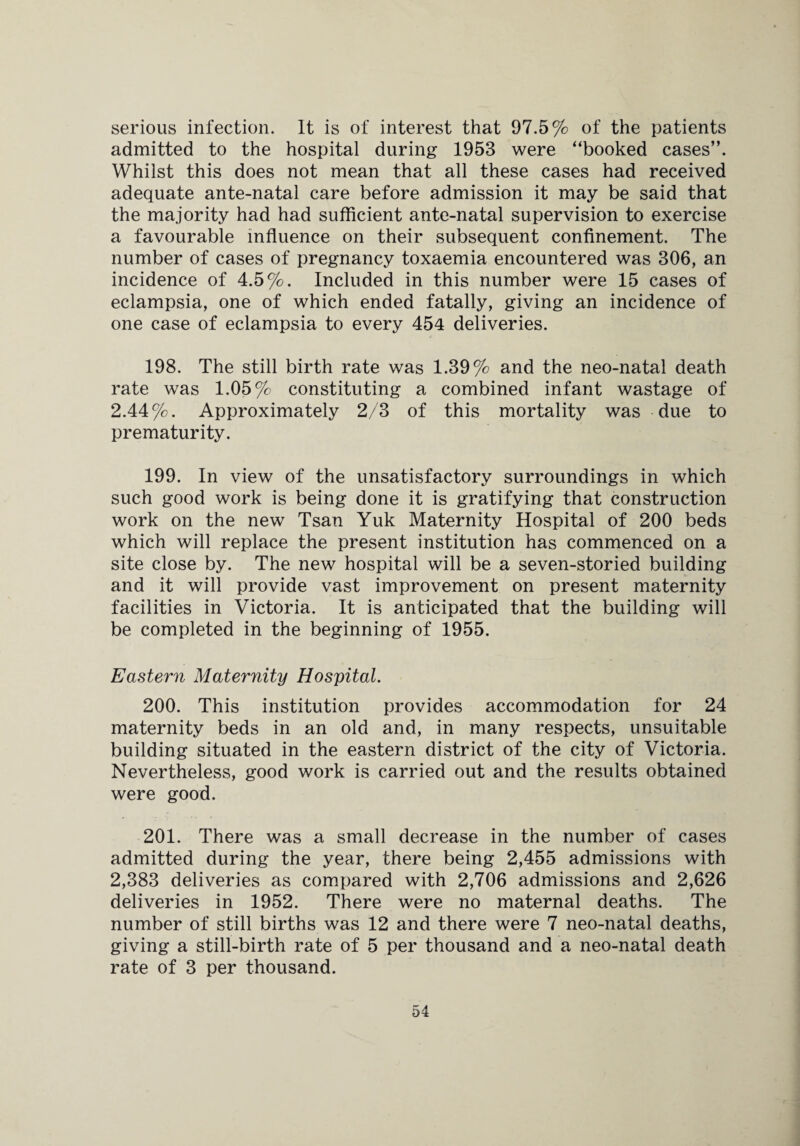 serious infection. It is of interest that 97.5% of the patients admitted to the hospital during 1953 were “booked cases”. Whilst this does not mean that all these cases had received adequate ante-natal care before admission it may be said that the majority had had sufficient ante-natal supervision to exercise a favourable influence on their subsequent confinement. The number of cases of pregnancy toxaemia encountered was 306, an incidence of 4.5%. Included in this number were 15 cases of eclampsia, one of which ended fatally, giving an incidence of one case of eclampsia to every 454 deliveries. 198. The still birth rate was 1.39% and the neo-natal death rate was 1.05% constituting a combined infant wastage of 2.44%. Approximately 2/3 of this mortality was due to prematurity. 199. In view of the unsatisfactory surroundings in which such good work is being done it is gratifying that construction work on the new Tsan Yuk Maternity Hospital of 200 beds which will replace the present institution has commenced on a site close by. The new hospital will be a seven-storied building and it will provide vast improvement on present maternity facilities in Victoria. It is anticipated that the building will be completed in the beginning of 1955. Eastern Maternity Hospital. 200. This institution provides accommodation for 24 maternity beds in an old and, in many respects, unsuitable building situated in the eastern district of the city of Victoria. Nevertheless, good work is carried out and the results obtained were good. 201. There was a small decrease in the number of cases admitted during the year, there being 2,455 admissions with 2,383 deliveries as compared with 2,706 admissions and 2,626 deliveries in 1952. There were no maternal deaths. The number of still births was 12 and there were 7 neo-natal deaths, giving a still-birth rate of 5 per thousand and a neo-natal death rate of 3 per thousand.