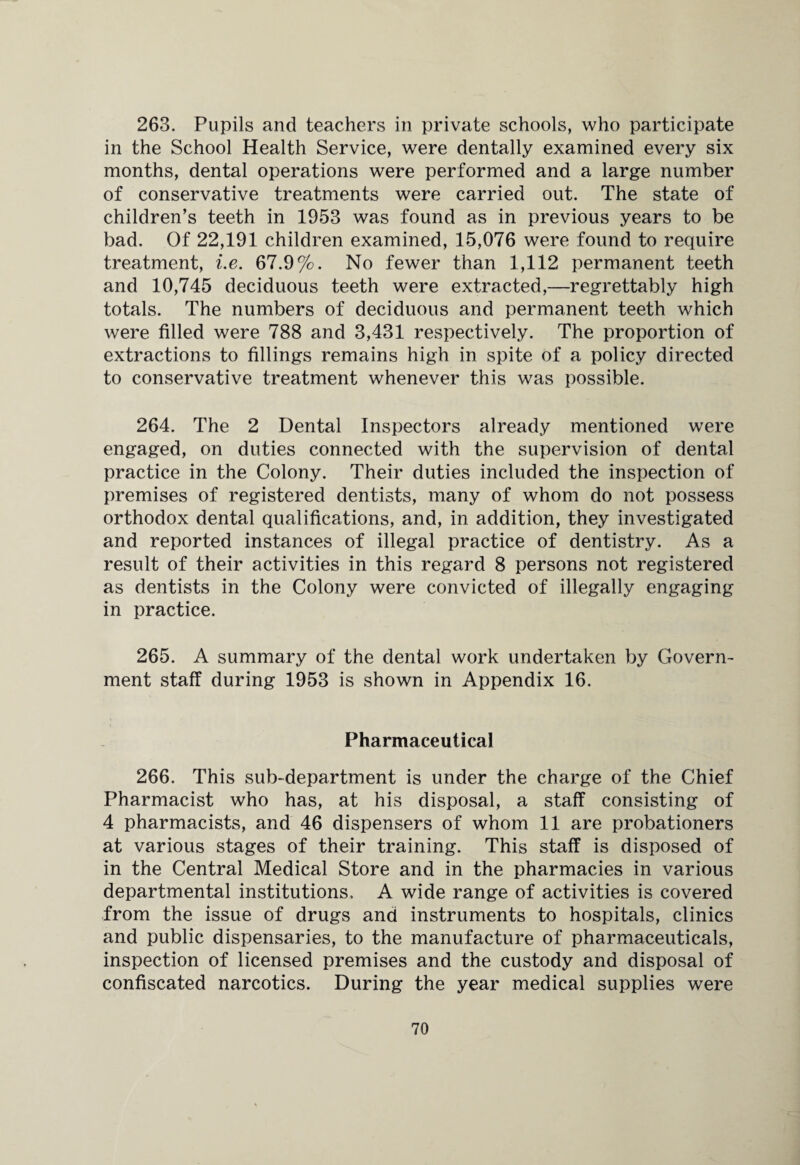 263. Pupils and teachers in private schools, who participate in the School Health Service, were dentally examined every six months, dental operations were performed and a large number of conservative treatments were carried out. The state of children’s teeth in 1953 was found as in previous years to be bad. Of 22,191 children examined, 15,076 were found to require treatment, i.e. 67.9%. No fewer than 1,112 permanent teeth and 10,745 deciduous teeth were extracted,—regrettably high totals. The numbers of deciduous and permanent teeth which were filled were 788 and 3,431 respectively. The proportion of extractions to fillings remains high in spite of a policy directed to conservative treatment whenever this was possible. 264. The 2 Dental Inspectors already mentioned were engaged, on duties connected with the supervision of dental practice in the Colony. Their duties included the inspection of premises of registered dentists, many of whom do not possess orthodox dental qualifications, and, in addition, they investigated and reported instances of illegal practice of dentistry. As a result of their activities in this regard 8 persons not registered as dentists in the Colony were convicted of illegally engaging in practice. 265. A summary of the dental work undertaken by Govern¬ ment staff during 1953 is shown in Appendix 16. Pharmaceutical 266. This sub-department is under the charge of the Chief Pharmacist who has, at his disposal, a staff consisting of 4 pharmacists, and 46 dispensers of whom 11 are probationers at various stages of their training. This staff is disposed of in the Central Medical Store and in the pharmacies in various departmental institutions, A wide range of activities is covered from the issue of drugs and instruments to hospitals, clinics and public dispensaries, to the manufacture of pharmaceuticals, inspection of licensed premises and the custody and disposal of confiscated narcotics. During the year medical supplies were