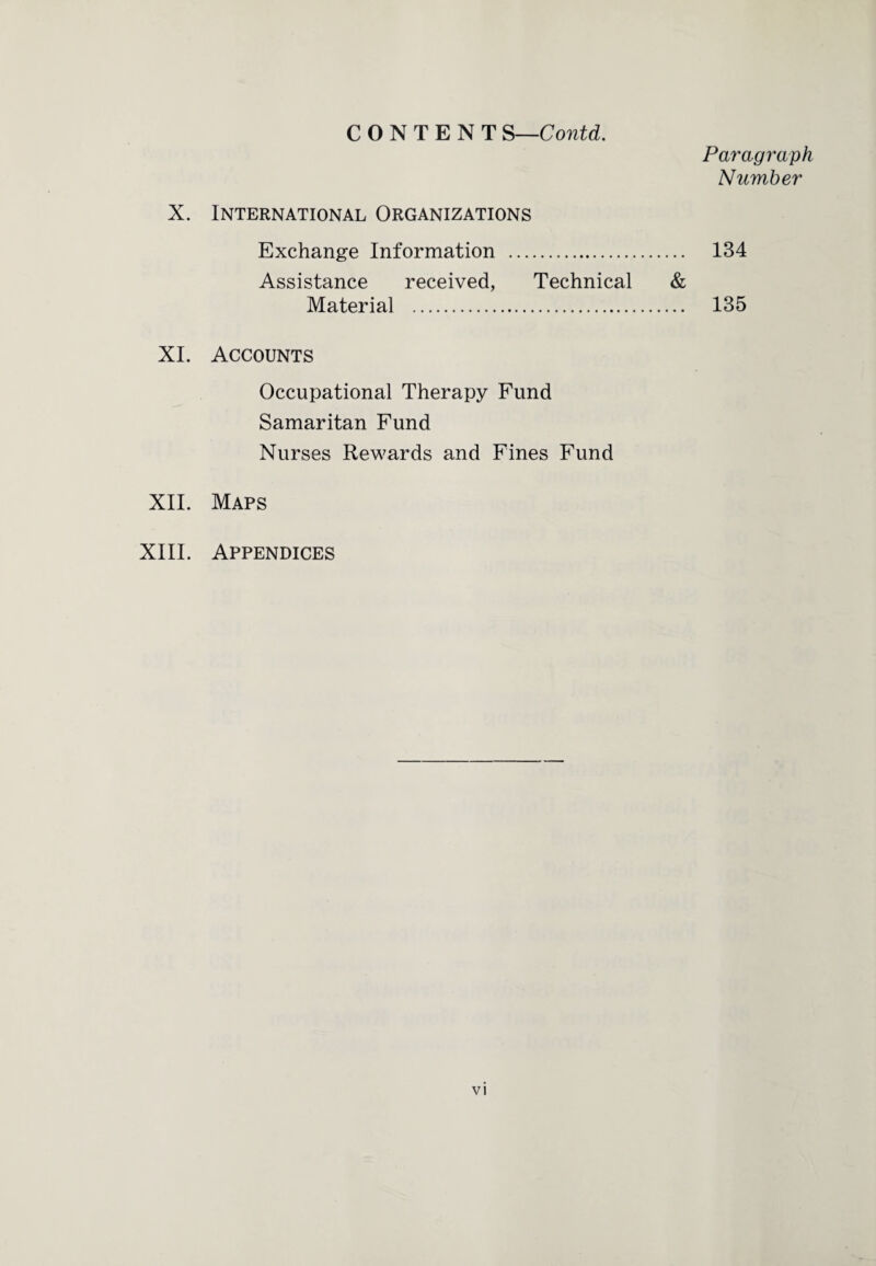 Paragraph Number X. International Organizations Exchange Information . 134 Assistance received, Technical & Material . 135 XI. Accounts Occupational Therapy Fund Samaritan Fund Nurses Rewards and Fines Fund XII. Maps XIII. Appendices
