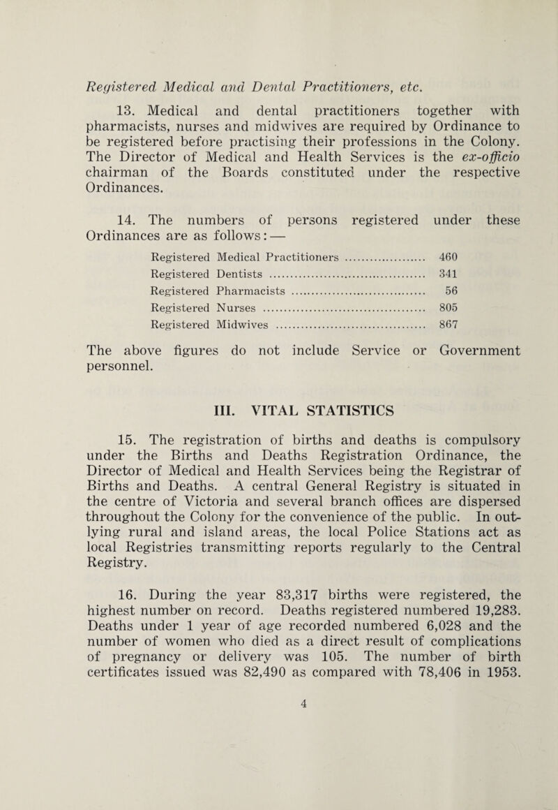 Registered Medical and Dental Practitioners, etc. 13. Medical and dental practitioners together with pharmacists, nurses and midwives are required by Ordinance to be registered before practising their professions in the Colony. The Director of Medical and Health Services is the ex-officio chairman of the Boards constituted under the respective Ordinances. 14. The numbers of persons registered under these Ordinances are as follows: — Registered Medical Practitioners . 460 Registered Dentists . 341 Registered Pharmacists . 56 Registered Nurses . 805 Registered Midwives . 867 The above figures do not include Service or Government personnel. III. VITAL STATISTICS 15. The registration of births and deaths is compulsory under the Births and Deaths Registration Ordinance, the Director of Medical and Health Services being the Registrar of Births and Deaths. A central General Registry is situated in the centre of Victoria and several branch offices are dispersed throughout the Colony for the convenience of the public. In out¬ lying rural and island areas, the local Police Stations act as local Registries transmitting reports regularly to the Central Registry. 16. During the year 83,317 births were registered, the highest number on record. Deaths registered numbered 19,283. Deaths under 1 year of age recorded numbered 6,028 and the number of women who died as a direct result of complications of pregnancy or delivery was 105. The number of birth certificates issued was 82,490 as compared with 78,406 in 1953.