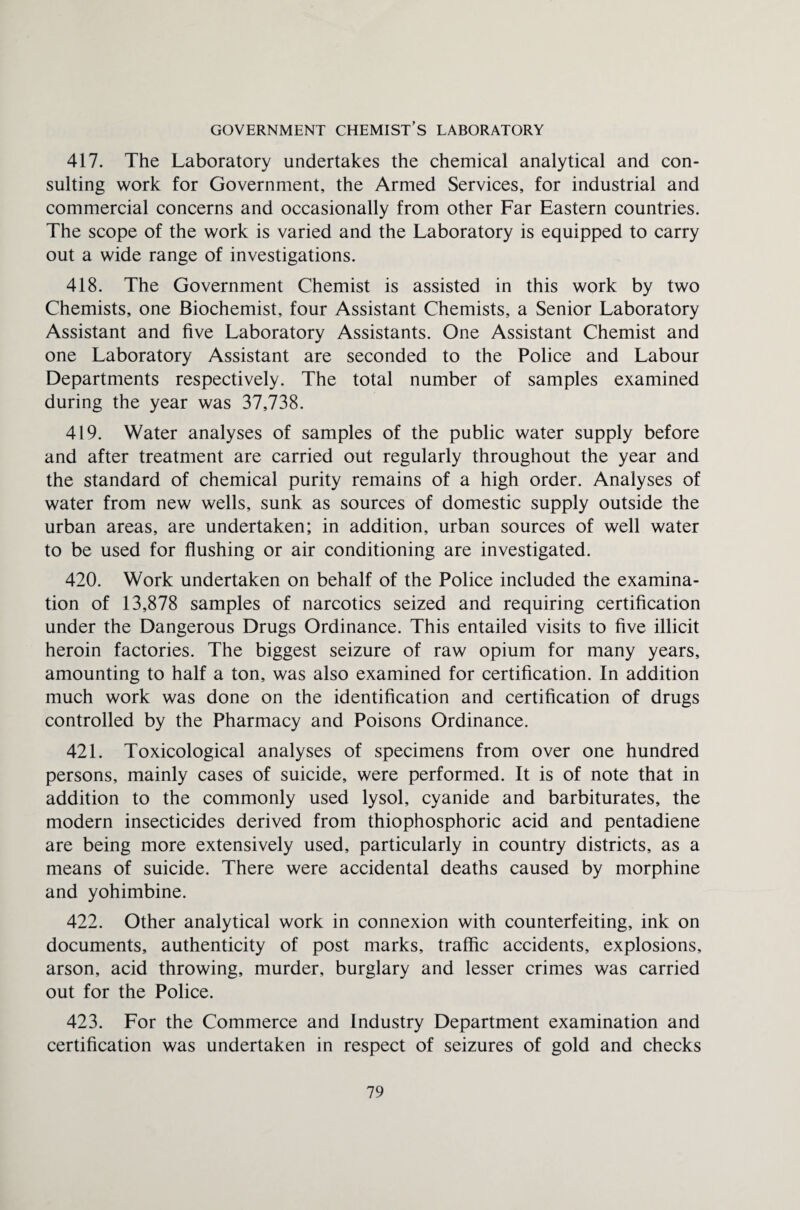 GOVERNMENT CHEMIST’S LABORATORY 417. The Laboratory undertakes the chemical analytical and con¬ sulting work for Government, the Armed Services, for industrial and commercial concerns and occasionally from other Far Eastern countries. The scope of the work is varied and the Laboratory is equipped to carry out a wide range of investigations. 418. The Government Chemist is assisted in this work by two Chemists, one Biochemist, four Assistant Chemists, a Senior Laboratory Assistant and five Laboratory Assistants. One Assistant Chemist and one Laboratory Assistant are seconded to the Police and Labour Departments respectively. The total number of samples examined during the year was 37,738. 419. Water analyses of samples of the public water supply before and after treatment are carried out regularly throughout the year and the standard of chemical purity remains of a high order. Analyses of water from new wells, sunk as sources of domestic supply outside the urban areas, are undertaken; in addition, urban sources of well water to be used for flushing or air conditioning are investigated. 420. Work undertaken on behalf of the Police included the examina¬ tion of 13,878 samples of narcotics seized and requiring certification under the Dangerous Drugs Ordinance. This entailed visits to five illicit heroin factories. The biggest seizure of raw opium for many years, amounting to half a ton, was also examined for certification. In addition much work was done on the identification and certification of drugs controlled by the Pharmacy and Poisons Ordinance. 421. Toxicological analyses of specimens from over one hundred persons, mainly cases of suicide, were performed. It is of note that in addition to the commonly used lysol, cyanide and barbiturates, the modern insecticides derived from thiophosphoric acid and pentadiene are being more extensively used, particularly in country districts, as a means of suicide. There were accidental deaths caused by morphine and yohimbine. 422. Other analytical work in connexion with counterfeiting, ink on documents, authenticity of post marks, traffic accidents, explosions, arson, acid throwing, murder, burglary and lesser crimes was carried out for the Police. 423. For the Commerce and Industry Department examination and certification was undertaken in respect of seizures of gold and checks