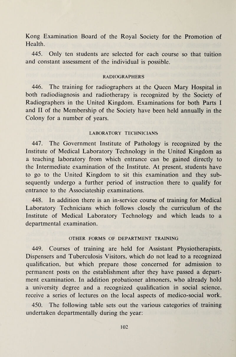 Kong Examination Board of the Royal Society for the Promotion of Health. 445. Only ten students are selected for each course so that tuition and constant assessment of the individual is possible. RADIOGRAPHERS 446. The training for radiographers at the Queen Mary Hospital in both radiodiagnosis and radiotherapy is recognized by the Society of Radiographers in the United Kingdom. Examinations for both Parts I and II of the Membership of the Society have been held annually in the Colony for a number of years. LABORATORY TECHNICIANS 447. The Government Institute of Pathology is recognized by the Institute of Medical Laboratory Technology in the United Kingdom as a teaching laboratory from which entrance can be gained directly to the Intermediate examination of the Institute. At present, students have to go to the United Kingdom to sit this examination and they sub¬ sequently undergo a further period of instruction there to qualify for entrance to the Associateship examinations. 448. In addition there is an in-service course of training for Medical Laboratory Technicians which follows closely the curriculum of the Institute of Medical Laboratory Technology and which leads to a departmental examination. OTHER FORMS OF DEPARTMENT TRAINING 449. Courses of training are held for Assistant Physiotherapists, Dispensers and Tuberculosis Visitors, which do not lead to a recognized qualification, but which prepare those concerned for admission to permanent posts on the establishment after they have passed a depart¬ ment examination. In addition probationer almoners, who already hold a university degree and a recognized qualification in social science, receive a series of lectures on the local aspects of medico-social work. 450. The following table sets out the various categories of training undertaken departmentally during the year: