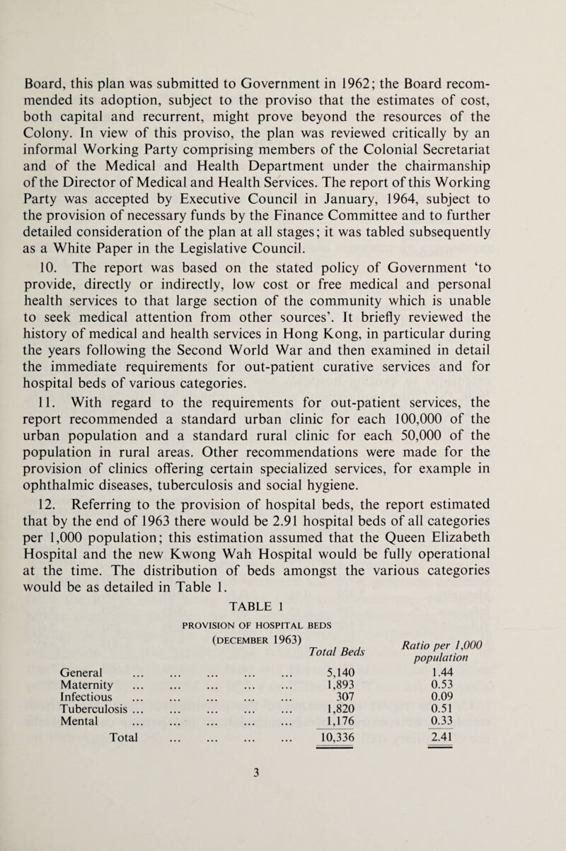 mended its adoption, subject to the proviso that the estimates of cost, both capital and recurrent, might prove beyond the resources of the Colony. In view of this proviso, the plan was reviewed critically by an informal Working Party comprising members of the Colonial Secretariat and of the Medical and Health Department under the chairmanship of the Director of Medical and Health Services. The report of this Working Party was accepted by Executive Council in January, 1964, subject to the provision of necessary funds by the Finance Committee and to further detailed consideration of the plan at all stages; it was tabled subsequently as a White Paper in the Legislative Council. 10. The report was based on the stated policy of Government ‘to provide, directly or indirectly, low cost or free medical and personal health services to that large section of the community which is unable to seek medical attention from other sources’. It briefly reviewed the history of medical and health services in Hong Kong, in particular during the years following the Second World War and then examined in detail the immediate requirements for out-patient curative services and for hospital beds of various categories. 11. With regard to the requirements for out-patient services, the report recommended a standard urban clinic for each 100,000 of the urban population and a standard rural clinic for each 50,000 of the population in rural areas. Other recommendations were made for the provision of clinics offering certain specialized services, for example in ophthalmic diseases, tuberculosis and social hygiene. 12. Referring to the provision of hospital beds, the report estimated that by the end of 1963 there would be 2.91 hospital beds of all categories per 1,000 population; this estimation assumed that the Queen Elizabeth Hospital and the new Kwong Wah Hospital would be fully operational at the time. The distribution of beds amongst the various categories would be as detailed in Table 1. TABLE 1 PROVISION OF HOSPITAL BEDS (DECEMBER 1963) Total Beds General . 5,140 Maternity ... ... ... ... ... 1,893 Infectious . 307 Tuberculosis. 1,820 Mental . 1,176 Total ... ... ... ... 10,336 Ratio per 1,000 population 1.44 0.53 0.09 0.51 0.33 2.41 3