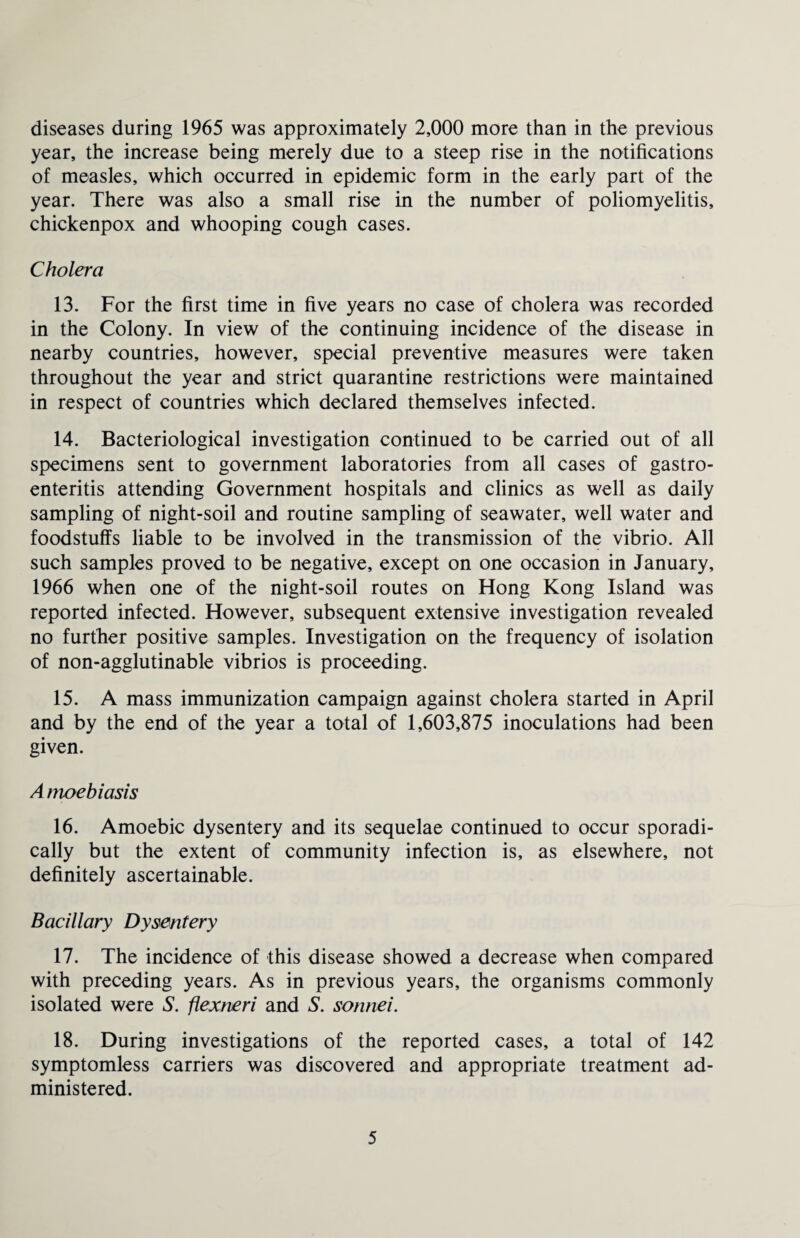 diseases during 1965 was approximately 2,000 more than in the previous year, the increase being merely due to a steep rise in the notifications of measles, which occurred in epidemic form in the early part of the year. There was also a small rise in the number of poliomyelitis, chickenpox and whooping cough cases. Cholera 13. For the first time in five years no case of cholera was recorded in the Colony. In view of the continuing incidence of the disease in nearby countries, however, special preventive measures were taken throughout the year and strict quarantine restrictions were maintained in respect of countries which declared themselves infected. 14. Bacteriological investigation continued to be carried out of all specimens sent to government laboratories from all cases of gastro¬ enteritis attending Government hospitals and clinics as well as daily sampling of night-soil and routine sampling of seawater, well water and foodstuffs liable to be involved in the transmission of the vibrio. All such samples proved to be negative, except on one occasion in January, 1966 when one of the night-soil routes on Hong Kong Island was reported infected. However, subsequent extensive investigation revealed no further positive samples. Investigation on the frequency of isolation of non-agglutinable vibrios is proceeding. 15. A mass immunization campaign against cholera started in April and by the end of the year a total of 1,603,875 inoculations had been given. A moebiasis 16. Amoebic dysentery and its sequelae continued to occur sporadi¬ cally but the extent of community infection is, as elsewhere, not definitely ascertainable. Bacillary Dysentery 17. The incidence of this disease showed a decrease when compared with preceding years. As in previous years, the organisms commonly isolated were S. flexneri and S. sonnei. 18. During investigations of the reported cases, a total of 142 symptomless carriers was discovered and appropriate treatment ad¬ ministered.