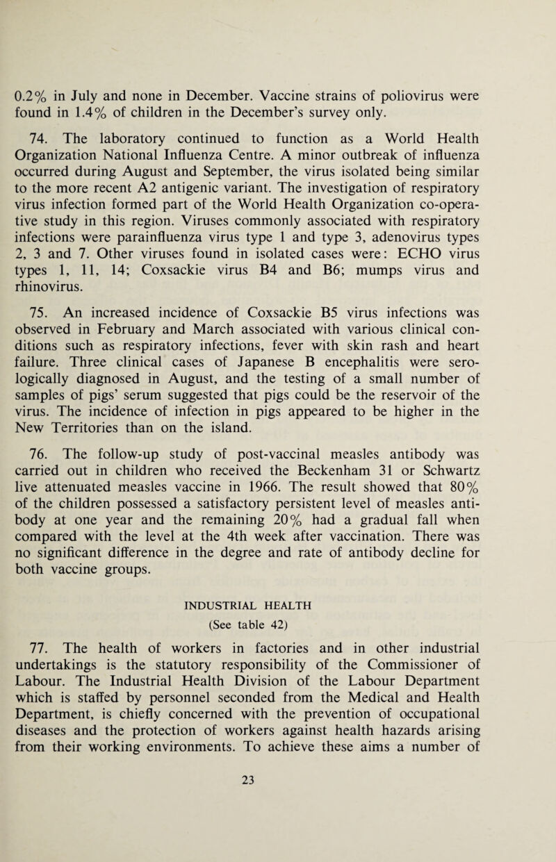 0.2% in July and none in December. Vaccine strains of poliovirus were found in 1.4% of children in the December’s survey only. 74. The laboratory continued to function as a World Health Organization National Influenza Centre. A minor outbreak of influenza occurred during August and September, the virus isolated being similar to the more recent A2 antigenic variant. The investigation of respiratory virus infection formed part of the World Health Organization co-opera¬ tive study in this region. Viruses commonly associated with respiratory infections were parainfluenza virus type 1 and type 3, adenovirus types 2, 3 and 7. Other viruses found in isolated cases were: ECHO virus types 1, 11, 14; Coxsackie virus B4 and B6; mumps virus and rhinovirus. 75. An increased incidence of Coxsackie B5 virus infections was observed in February and March associated with various clinical con¬ ditions such as respiratory infections, fever with skin rash and heart failure. Three clinical cases of Japanese B encephalitis were sero¬ logically diagnosed in August, and the testing of a small number of samples of pigs’ serum suggested that pigs could be the reservoir of the virus. The incidence of infection in pigs appeared to be higher in the New Territories than on the island. 76. The follow-up study of post-vaccinal measles antibody was carried out in children who received the Beckenham 31 or Schwartz live attenuated measles vaccine in 1966. The result showed that 80% of the children possessed a satisfactory persistent level of measles anti¬ body at one year and the remaining 20% had a gradual fall when compared with the level at the 4th week after vaccination. There was no significant difference in the degree and rate of antibody decline for both vaccine groups. INDUSTRIAL HEALTH (See table 42) 77. The health of workers in factories and in other industrial undertakings is the statutory responsibility of the Commissioner of Labour. The Industrial Health Division of the Labour Department which is staffed by personnel seconded from the Medical and Health Department, is chiefly concerned with the prevention of occupational diseases and the protection of workers against health hazards arising from their working environments. To achieve these aims a number of