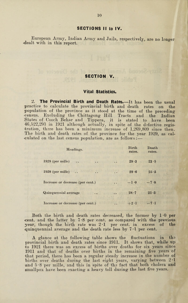 SECTIONS II to IV. European Army, Indian Army and Jails, respectively, are no longer ‘dealt with in this report. SECTION V. Vital Statistics. 2. The Provincial Birth and Death Rates.—It has been the usual practice to calculate the provincial birth and death rates on the population of the province as it stood at the time of the preceding 'Census. Excluding the Chittagong Hill Tracts and the Indian States of Cooch Behar and Tippera, it is stated to have been 46,522,293 in 1921 although actually, in spite of the defective regis¬ tration, there has been a minimum increase of 1,269,809 since then. The birth and death rates of the province for the year 1929, as cal¬ culated on the last census population, are as follows: — Headings. Birth rates. Death rates. 1929 (per mille) • • 29-3 23 -5 1928 (per mille) • • 29-6 25 -5 Increase or decrease (per cent.) • • -1 -0 -7 -8 Quinquennial average • • 28 -7 25-3 Increase or decrease (per cent.) • • + 2-1 -7-1 Both the birth and death rates decreased, the former by 1 *0 per cent, and the latter by 7 -8 per cent, as compared with the previous year, though the birth rate was 2*1 per cent, in excess of the quinquennial average and the death rate less by 7*1 per cent. A glance at the following table shows the fluctuations in the provincial birth and death rates since 1911. It shows that, while up io 1921 there was an excess of births over deaths for six years since 1911 and that of deaths over births in the remaining five years of that period, there has been a regular steady increase in the number of births over deaths during the last eight years, varying between 2*1 and 5 '8 per mille, and this in spite of the fact that both cholera and fiinallpox have been exacting a heavy toll during the last five years.