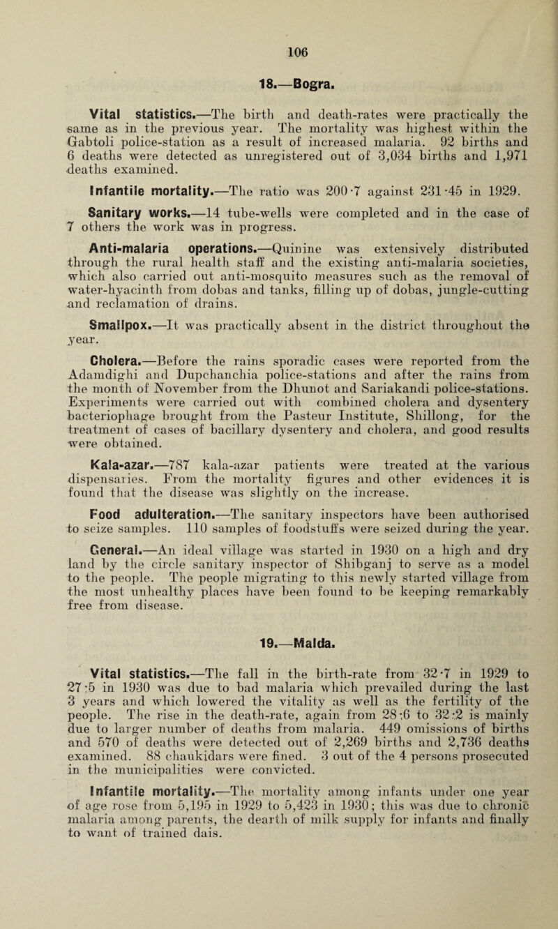 18.—Bogra. Vital statistics.—The birth and death-rates were practically the same as in the previous year. The mortality was highest within the Gabtoli police-station as a result of increased malaria. 92 births and 6 deaths were detected as unregistered out of 3,034 births and 1,971 deaths examined. Infantile mortality.—The ratio was 200-7 against 231-45 in 1929. Sanitary works.—14 tube-wells were completed and in the case of 7 others the work was in progress. Anti-malaria operations.—Quinine was extensively distributed through the rural health staff and the existing anti-malaria societies, which also carried out anti-mosquito measures such as the removal of water-hyacinth from dobas and tanks, filling up of dobas, jungle-cutting .and reclamation of drains. Smallpox.—It was practically absent in the district throughout the year. Cholera.—Before the rains sporadic cases were reported from the Adamdighi and Dupchanchia police-stations and after the rains from the month of November from the Dhunot and Sariakandi police-stations. Experiments were carried out with combined cholera and dysentery bacteriophage brought from the Pasteur Institute, Shillong, for the treatment of cases of bacillary dysentery and cholera, and good results were obtained. Kala-azar.—787 kala-azar patients were treated at the various dispensaries. From the mortality figures and other evidences it is found that the disease was slightly on the increase. Food adulteration.—The sanitary inspectors have been authorised to seize samples. 110 samples of foodstuffs were seized during the year. General.—All ideal village was started in 1930 on a high and dry land by the circle sanitary inspector of Shibganj to serve as a model to the people. The people migrating to this newly started village from the most unhealthy places have been found to be keeping remarkably free from disease. 19.—Mai da. Vital statistics.—The fall in the birth-rate from 32*7 in 1929 to 27:5 in 1930 was due to bad malaria which prevailed during the last 3 years and which lowered the vitality as well as the fertility of the people. The rise in the death-rate, again from 28:6 to 32:2 is mainly due to larger number of deaths from malaria. 449 omissions of births and 570 of deaths were detected out of 2,269 births and 2,736 deaths examined. 88 chaukidars were fined. 3 out of the 4 persons prosecuted in the municipalities were convicted. Infantile mortality.—The mortality among infants under one year of age rose from 5,195 in 1929 to 5,423 in 1930; this was due to chronic malaria among parents, the dearth of milk supply for infants and finally to want of trained dais.