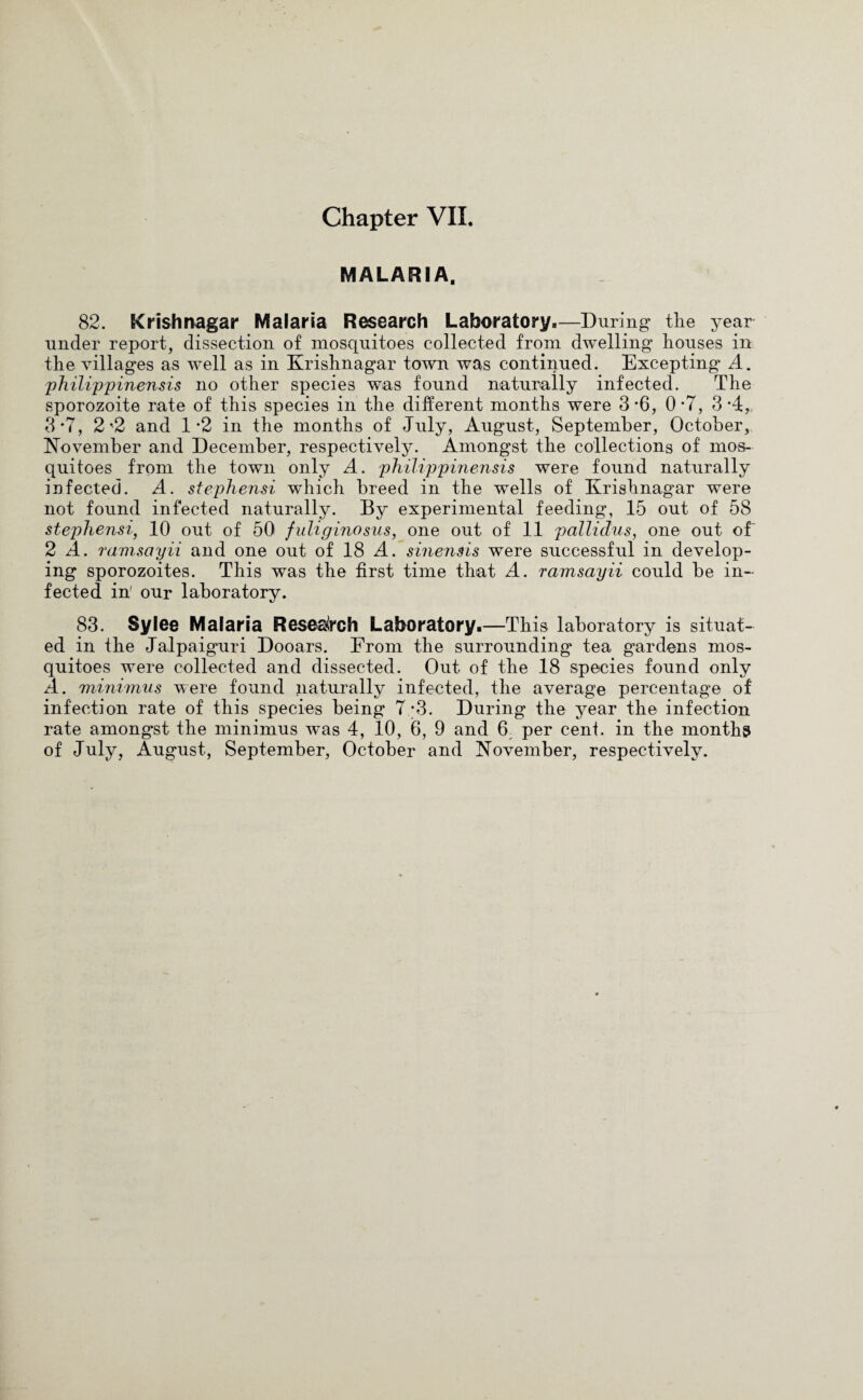 MALARIA. 82. Krishnagar Malaria Research Laboratory,—During the year under report, dissection of mosquitoes collected from dwelling houses in the villages as well as in Krishnagar town was continued. Excepting A. philippinensis no other species was found naturally infected. The sporozoite rate of this species in the different months were 3 -6, 0 *7, 3 Ar 3*7, 2-2 and 1*2 in the months of July, August, September, October, November and December, respectively. Amongst the collections of mos¬ quitoes from the town only A. philippinensis were found naturally infected. A. stephensi which breed in the wells of Krishnagar were not found infected naturally. By experimental feeding, 15 out of 58 stephensi, 10 out of 50 fuliginosus, one out of 11 pallidus, one out of 2 A. ramsayii and one out of 18 A. sinensis were successful in develop¬ ing sporozoites. This was the first time that A. ramsayii could be in¬ fected in' our laboratory. 83. Sylee Malaria Research Laboratory.—This laboratory is situat¬ ed in the Jalpaiguri Dooars. From the surrounding tea gardens mos¬ quitoes were collected and dissected. Out of the 18 species found only A. minimus were found naturally infected, the average percentage of infection rate of this species being 7 ;3. During the year the infection rate amongst the minimus was 4, 10, 6, 9 and 6, per ceni. in the months of July, August, September, October and November, respectively.