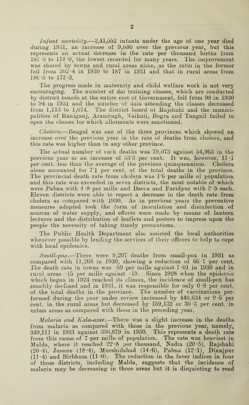 Infant mortality.—2,41,552 infants under the age of one year died during 1951, an increase of 9,580 over the previous year, but this represents an actual decrease in the rate per thousand births from 187-3 to 174 *0, the lowest recorded for many years. The improvement was shared by towns and rural areas alike, as the ratio in the former fell from 202 -4 in 1980 to 187 in 1931 and that in rural areas from 180-5 to 173-3. The progress made in maternity and child welfare work is not very encouraging. The number of dai training classes, which are conducted by district boards at the entire cost of Government, fell from 98 in 1930 to 94 in 1931 and the number of dais attending the classes decreased from 1,113 to 1,074. The district board of llajshahi and the munici¬ palities of llaniganj, Arambagh, Maihati, Bogra and Tang-ail failed to open the classes for which allotments were sanctioned. Cholera.—Bengal was one of the three provinces which showed an increase over the previous year in the rate of deaths from cholera, and this rate was higher than in any other province. The actual number of such deaths was 79,073 against 54,963 in the previous year or an increase of 33'3 per cent. It was, however, 11 ;1 per cent, less than the average of the previous quinquennium. Cholera alone accounted for 7'1 per cent, of the total deaths in the province. The provincial death rate from cholera was T6 per mille of population and this rate was exceeded in seven districts, the most notable of which were Pabna with 4 *8 per mille and Dacca and Faridpur with 2 *5 each. Eleven districts were able to report a decrease in the death rate from cholera as compared with 1930. As in previous years the preventive • measures adopted took the form of inoculation and disinfection of sources of water supply, and efforts were made by means of lantern lectures and the distribution of leaflets and posters to impress upon the people the necessity of taking timely precautions. The Public Health Department also assisted the local authorities whenever possible by lending the sershoes of their officers to help to cope with local epidemics. Small-pox.—There were 9,207 deaths from small-pox in 1931 as compared with 11,268 in 1930, showing a reduction of 66-7 per cent. The death rate in towns was -59 per mille against 1 -01 in 1930 and in rural areas ;15 per mille against -19. Since 1928 when the epidemic which began in 1924 reached its climax, the incidence of small-pox has steadily declined and in 1931, it was responsible for only 0 ;8 per cent, of the total deaths in the province. The number of vaccinations per¬ formed during the year under review increased by 440,634 or 9*5 per cent, in the rural areas but decreased by 159,132 or 30-3 per cent, in urban areas as compared with those in the preceding year. Malaria and Kala-azar.—There was a slight increase in the deaths from malaria as compared with those in the previous year, namely, 349,111 in 1931 against 336,879 in 1930. This represents a death rate from this cause of T per mille of population. The rate was heaviest in Malda, where it reached 22-8 per thousand, Nadia (20-5), llajshahi (20-4), Jessore (18-4), Murshidabad (14-6), Pabna (12-1), Dinajpur (11 -4) and Birbhum (11 -0). The reduction in the fever indices in four of those districts, including Malda, suggests that the incidence of malaria may be decreasing in those areas but it is disquieting to read