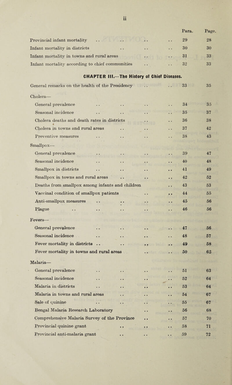 Provincial infant mortality • • Para. 29 Page 28 Infant mortality in districts • • • • 30 30 Infant mortality in towns and rural areas • • • • 31 33 Infant mortality according to chief communities • * 32 33 CHAPTER III.—The History of Chief Diseases. General remarks on the health of the Presidency 33 35 Cholera— General prevalence 34 35 Seasonal incidence 35 37 Cholera deaths and death rates in districts 36 38 Cholera in towns and rural areas 37 42 Preventive measures 38 43 Smallpox— General prevalence 39 47 Seasonal incidence 40 48 Smallpox in districts 41 49 Smallpox in towns and rural areas 42 52 Deaths from smallpox among infants and children 43 53 Vaccinal condition of smallpox patients 44 55 Anti-smallpox measures 45 56 Plague 46 56 Fevers— General prevalence • • • • 47 56 Seasonal incidence • • • • 48 57 Fever mortality in districts .. • • • • 49 58 Fever mortality in towns and rural areas • • • • 50 62^ Malaria— General prevalence 51 63 Seasonal incidence 52 64 Malaria in districts 53 64 Malaria in towns and rural areas 54 67 Sale of quinine 55 67 Bengal Malaria Research Laboratory 56 68 Comprehensive Malaria Survey of the Province 57 70 Provincial quinine grant 58 71 Provincial anti-malaria grant • • • • 59 72