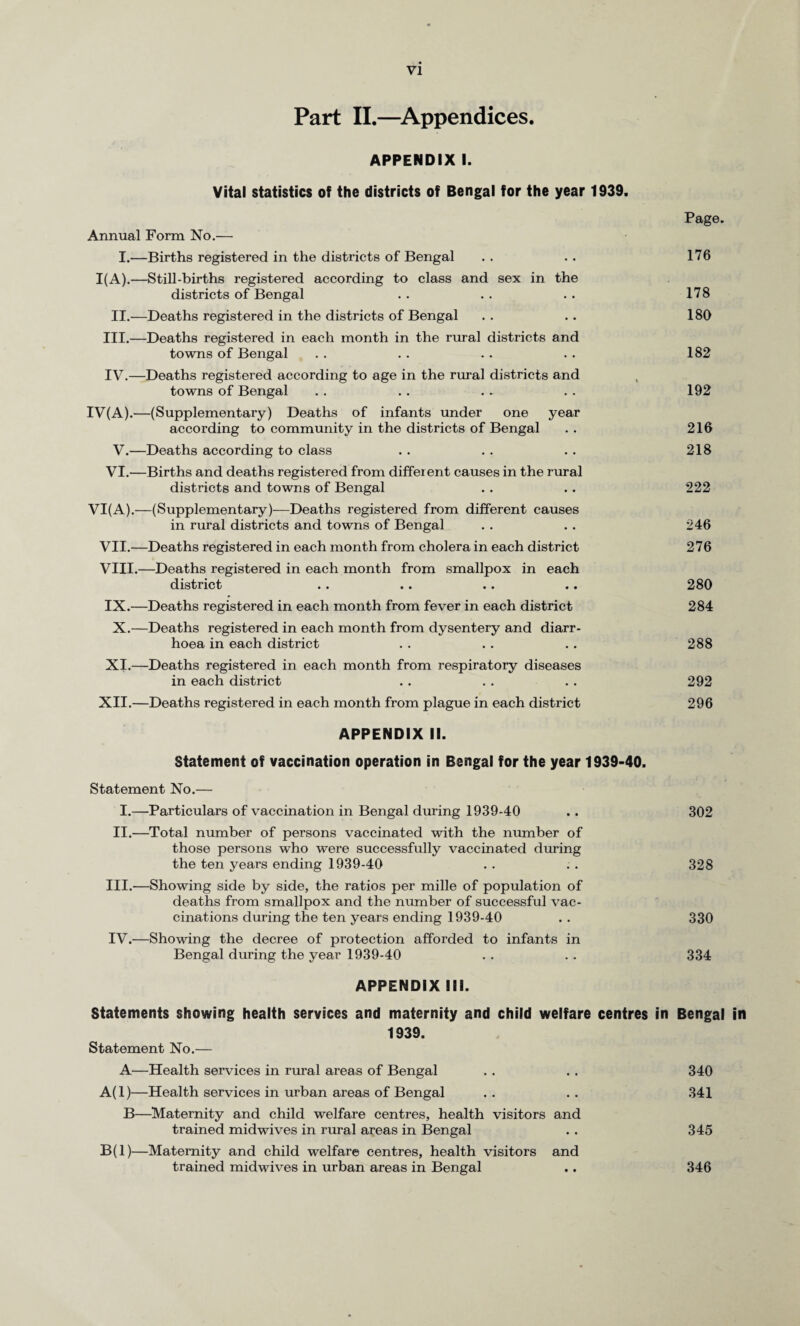 Part II.—^Appendices. APPENDIX I. Vital statistics of the districts of Bengal for the year 1939. Page. Annual Form No.— I.—Births registered in the districts of Bengal . . . . 176 1(A).—Still-births registered according to class and sex in the districts of Bengal . . . . . . 178 II.—Deaths registered in the districts of Bengal . . .. 180 III.—Deaths registered in each month in the rural districts and towns of Bengal . . . . . . . . 182 IV.—Deaths registered according to age in the rural districts and towns of Bengal IV(A).—(Supplementary) Deaths of infants under one year according to community in the districts of Bengal V.—Deaths according to class VI.—Births and deaths registered from different causes in the rmal districts and towns of Bengal VI(A).—(Supplementary)-—Deaths registered from different causes in rural districts and towns of Bengal VII. —Deaths registered in each month from cholera in each district VIII. —Deaths registered in each month from smallpox in each district IX.—Deaths registered in each month from fever in each district X.—Deaths registered in each month from dysentery and diarr¬ hoea in each district XI.—Deaths registered in each month from respiratory diseases in each district XII.—Deaths registered in each month from plague in each district APPENDIX II. Statement of vaccination operation in Bengal for the year 1939-40. Statement No.— I.—Particulars of vaccination in Bengal during 1939-40 .. 302 II.—Total number of persons vaccinated with the number of those persons who were successfully vaccinated during the ten years ending 1939-40 . . . . 328 III. —Showing side by side, the ratios per mille of population of deaths from smallpox and the number of successful vac¬ cinations during the ten years ending 1939-40 .. 330 IV. —Showing the decree of protection afforded to infants in Bengal during the year 1939-40 . . . . 334 192 216 218 222 246 276 280 284 288 292 296 APPENDIX III. Statements showing health services and maternity and child welfare centres in Bengal in Statement No.— 1939. A—Health services in rural areas of Bengal . . .. 340 A(l)—Health services in urban areas of Bengal . . . . 341 B—Maternity and child welfare centres, health visitors and trained midwives in rural areas in Bengal . . 345 B(l)—Maternity and child welfare centres, health visitors and trained midwives in urban areas in Bengal ., 346