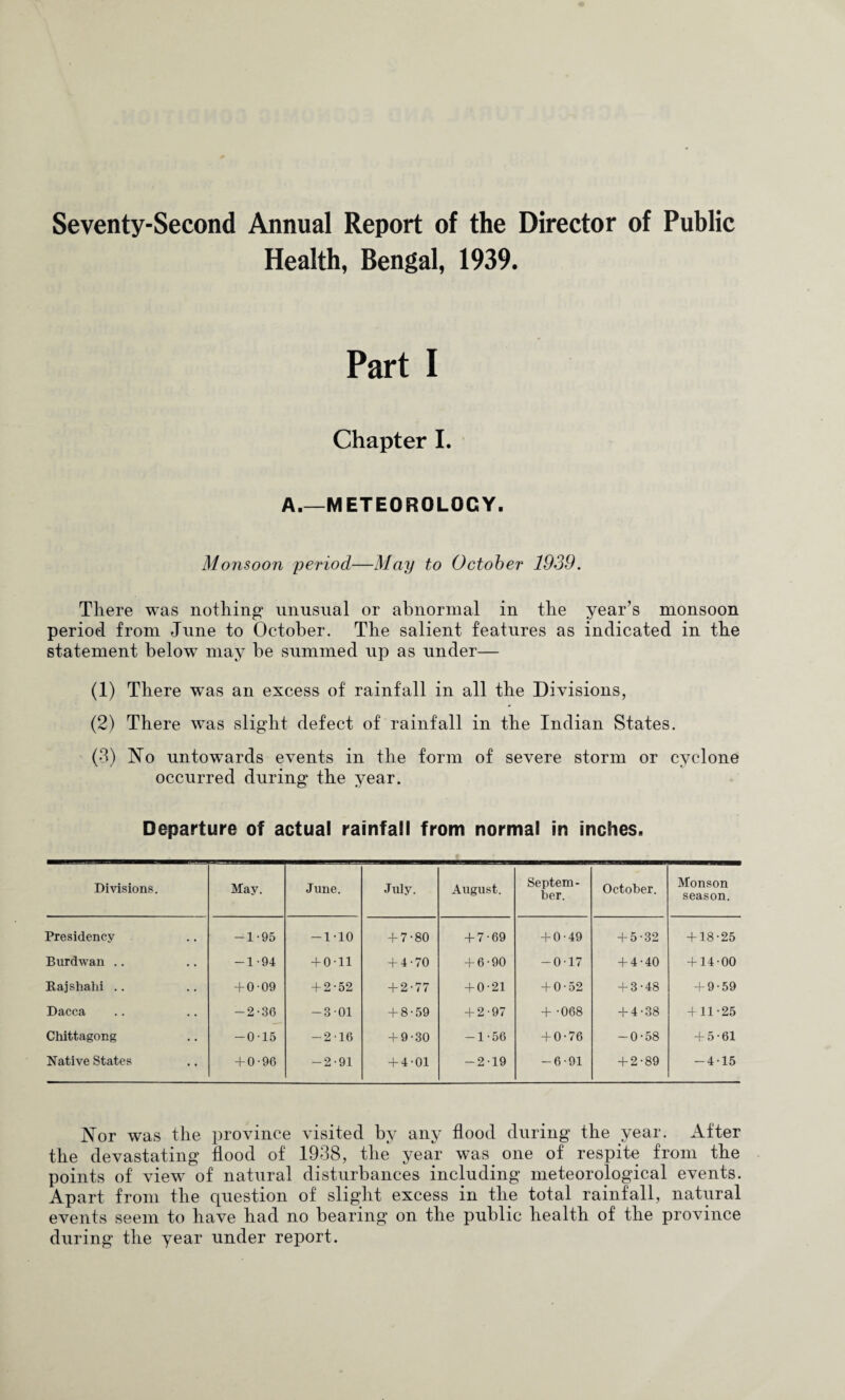 Seventy-Second Annual Report of the Director of Public Health, Bengal, 1939. Part I Chapter 1. A.—METEOROLOGY. Monsoon period—May to October 1939. There was nothing unusnal or abnormal in the year’s monsoon period from June to October. The salient features as indicated in the statement below may be summed np as under— (1) There was an excess of rainfall in all the Divisions, (2) There was slight defect of rainfall in the Indian States. (3) No nntowards events in the form of severe storm or cyclone occurred during the year. Departure of actual rainfall from normal in inches. Divisions. May. June. July. August. Septem¬ ber. October. Monson season. Presidency -1-95 -1-10 + 7-80 + 7-69 + 0-49 + 5-32 + 18-25 Burdwan .. -1-94 + 0-11 + 4-70 4 6-90 -0-17 + 4-40 + 14-00 Rajshahi .. + 0-09 + 2-52 + 2-77 + 0-21 + 0-52 + 3-48 + 9-59 Dacca -2-36 -3-01 + 8-59 + 2-97 + -068 + 4-38 4 11-25 Chittagong -015 -216 + 9-30 -1-56 + 0-76 -0-58 + 5-61 Native States + 0-9G -2-91 + 4-01 -2-19 -6-91 + 2-89 -4-15 Nor was the province visited by any flood during the year. After the devastating flood of 1938, the year was one of respite from the points of view’ of natural disturbances including meteorological events. Apart from the question of slight excess in the total rainfall, natural events seem to have had no bearing on the public health of the province during the year under report.