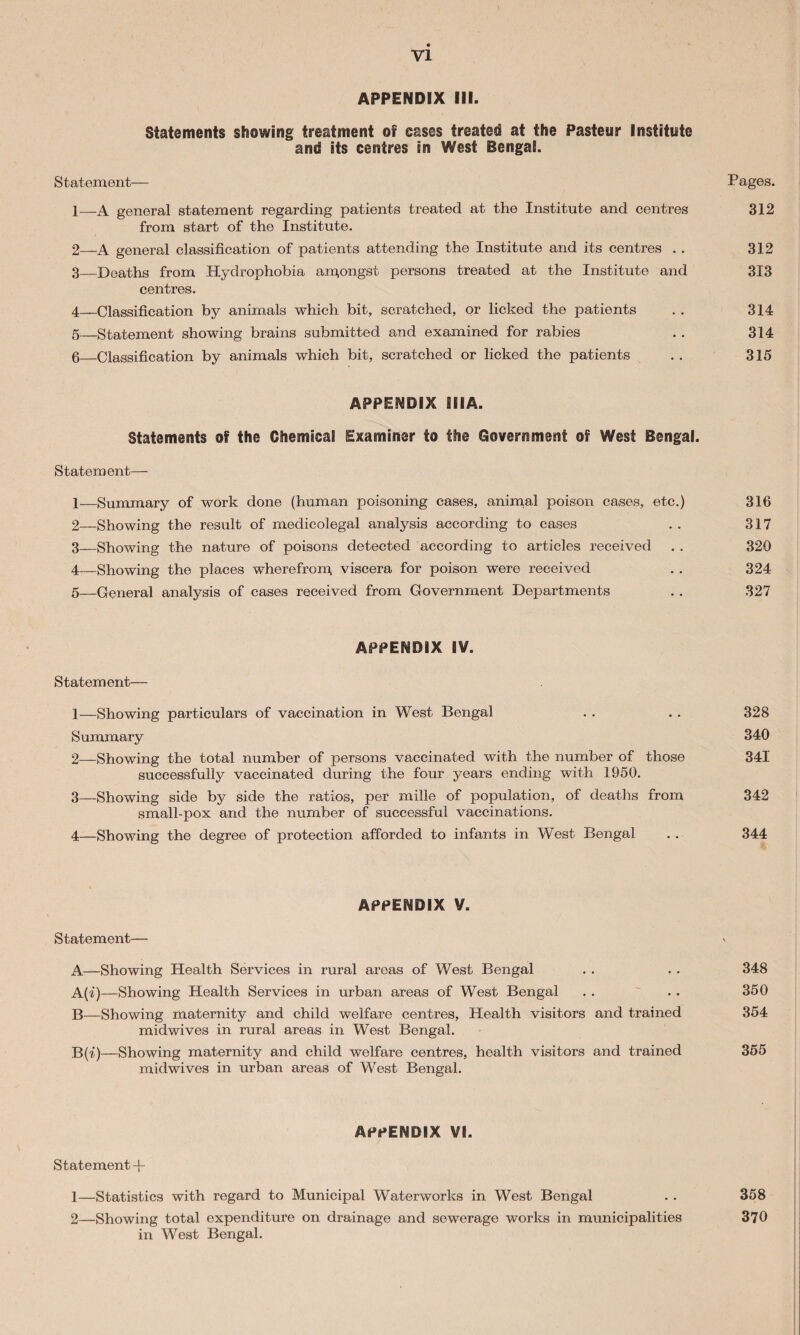 APPENDIX III. Statements showing treatment of cases treated at the Pasteur Institute and its centres in West Bengal. Statement— Pages. 1— A general statement regarding patients treated at the Institute and centres 312 from start of the Institute. 2— A general classification of patients attending the Institute and its centres . . 312 3— Deaths from Hydrophobia amongst persons treated at the Institute and 313 centres. 4— Classification by animals which bit, scratched, or licked the patients . . 314 g—Statement showing brains submitted and examined for rabies . . 314 6_Classification by animals which bit, scratched or licked the patients .. 315 APPENDIX SIIA. Statements of the Chernies! Examiner to the Government of West Bengal. Statement— 1— Summary of work done (human poisoning cases, animal poison cases, etc.) 316 2— Showing the result of medicolegal analysis according to cases . . 317 3— Showing the nature of poisons detected according to articles received . . 320 4— Showing the places wherefrom, viscera for poison were received . . 324 5— General analysis of cases received from Government Departments . . 327 APPENDIX IV. Statement— 1— Showing particulars of vaccination in West Bengal . . . . 328 Summary 340 2— Showing the total number of persons vaccinated with the number of those 341 successfully vaccinated during the four years ending with 1950. 3— Showing side by side the ratios, per mille of population, of deaths from 342 small-pox and the number of successful vaccinations. 4— Showing the degree of protection afforded to infants in West Bengal . . 344 APPENDIX V. Statement— A—Showing Health Services in rural areas of West Bengal . . . . 348 A(i)—Showing Health Services in urban areas of West Bengal . . ~ . . 350 B—Showing maternity and child welfare centres, Health visitors and trained 354 midwives in rural areas in West Bengal. B(?‘)—Showing maternity and child welfare centres, health visitors and trained 355 midwives in urban areas of West Bengal. APPENDIX VI. Statement-f- 1— Statistics with regard to Municipal Waterworks in West Bengal . . 358 2— Showing total expenditure on drainage and sewerage works in municipalities 370 in West Bengal.