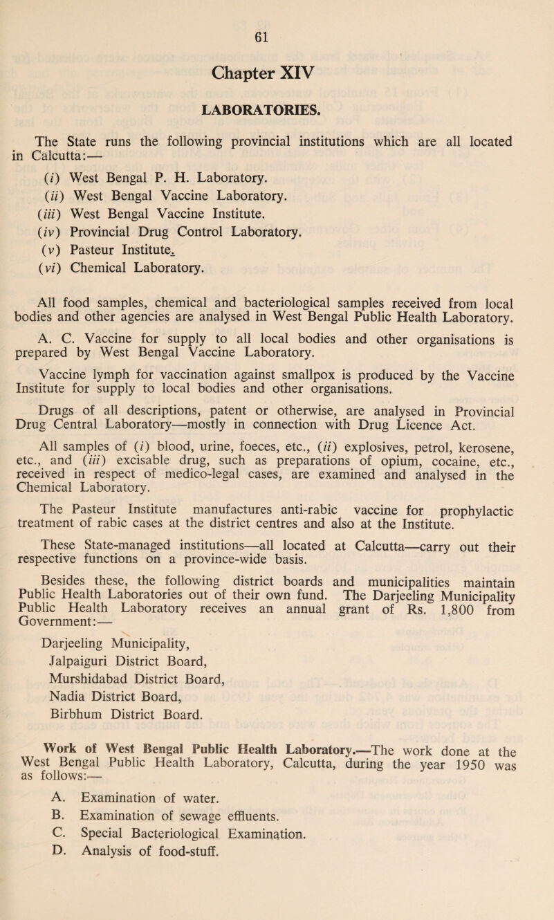 Chapter XIV LABORATORIES. The State runs the following provincial institutions which are all located in Calcutta:— (/) West Bengal P. H. Laboratory. (//) West Bengal Vaccine Laboratory. (iii) West Bengal Vaccine Institute. (iv) Provincial Drug Control Laboratory. (v) Pasteur Institute,. (v/) Chemical Laboratory. All food samples, chemical and bacteriological samples received from local bodies and other agencies are analysed in West Bengal Public Health Laboratory. A. C. Vaccine for supply to all local bodies and other organisations is prepared by West Bengal Vaccine Laboratory. Vaccine lymph for vaccination against smallpox is produced by the Vaccine Institute for supply to local bodies and other organisations. Drugs of all descriptions, patent or otherwise, are analysed in Provincial Drug Central Laboratory—mostly in connection with Drug Licence Act. All samples of (/) blood, urine, foeces, etc., (ii) explosives, petrol, kerosene, etc., and (iii) excisable drug, such as preparations of opium, cocaine, etc., received in respect of medico-legal cases, are examined and analysed in the Chemical Laboratory. The Pasteur Institute manufactures anti-rabic vaccine for prophylactic treatment of rabic cases at the district centres and also at the Institute. These State-managed institutions—all located at Calcutta—carry out their respective functions on a province-wide basis. Besides these, the following district boards and municipalities maintain Public Health Laboratories out of their own fund. The Darjeeling Municipality Public Health Laboratory receives an annual grant of Rs. 1,800 from Government:— Darjeeling Municipality, Jalpaiguri District Board, Murshidabad District Board, Nadia District Board, Birbhum District Board. Work of West Bengal Public Health Laboratory.—The work done at the West Bengal Public Health Laboratory, Calcutta, during the year 1950 was as follows:— A. Examination of water. B. Examination of sewage effluents. C. Special Bacteriological Examination. D. Analysis of food-stuff.