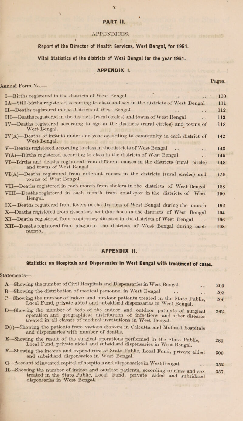 % PART II. APPENDICES. i Report of the Director of Health Services, West Bengal, for 1951, Vital Statistics of the districts of West Bengal for the year 1951. APPENDIX t. Annual Form No.— I— Births registered in the districts of West Bengal IA—Still-births registered according to class and sex in the districts of West Bengal II— Deaths registered in the districts of West Bengal III— Deaths registered in the districts (rural circles) and towns of West Bengal IV— Deaths registered according to age in the districts (rural circles) and towns of West Bengal. IV(A)—Deaths of infants under one year according to community in each district of West Bengal. V— Deaths registered according to class in the districts of West Bengal V(A)—Births registered according to class in the districts of West Bengal VI— -Births and deaths registered from different causes in the districts (rural circle) and towns of West Bengal VI (A) —Deaths registered from different causes in the districts (rural circles) and towns of West Bengal. VII— Deaths registered in each month from cholera in the districts of West Bengal VIII— Deaths registered in each month from small-pox in the districts of West Bengal. IX— Deaths registered from fevers in the districts of West Bengal during the month X— Deaths registered from dysentery and diarrhoea in the districts of West Bengal XI— Deaths registered from respiratory diseases in the districts of West Bengal XII— Deaths registered from plague in the districts of West Bengal during each month. 110 111 112 113 118 142 143 145 148 158 188 190 192 194 196 198 APPENDIX II. Statistics on Hospitals and Dispensaries in West Bengal with treatment of cases. Statements— A—Showing the number of Civil Hospitals and Dispensaries in West Bengal .. 200 B—Showing the distribution of medical personnel in West Bengal .. 202 C—Showing the number of indoor and outdoor patients treated in the State Public, 206 Local Fund, private aided and subsidised dispensaries in West Bengal. D—Showing the number of beds of the indoor and outdoor patients of surgical 262 operation and geographical distribution of infectious and other diseases treated in all classes of medical institutions in West Bengal. D(i)—Showing the patients from various diseases in Calcutta and Mufassil hospitals and dispensaries with number of deaths. E—Showing the result of the surgical operations performed in the State Public, 280 Local Fund, private aided and subsidised dispensaries in West Bengal. F—Showing the income and expenditure of State Public, Local Fund, private aided 300 and subsidised dispensaries in West Bengal. Gr —Account of invested capital of hospitals and dispensaries in West Bengal 352 H-— Showing the number of indoor and outdoor patients, according to class and sex 357 treated in the State Public, Local Fund, private aided and subsidised dispensaries in West Bengal.