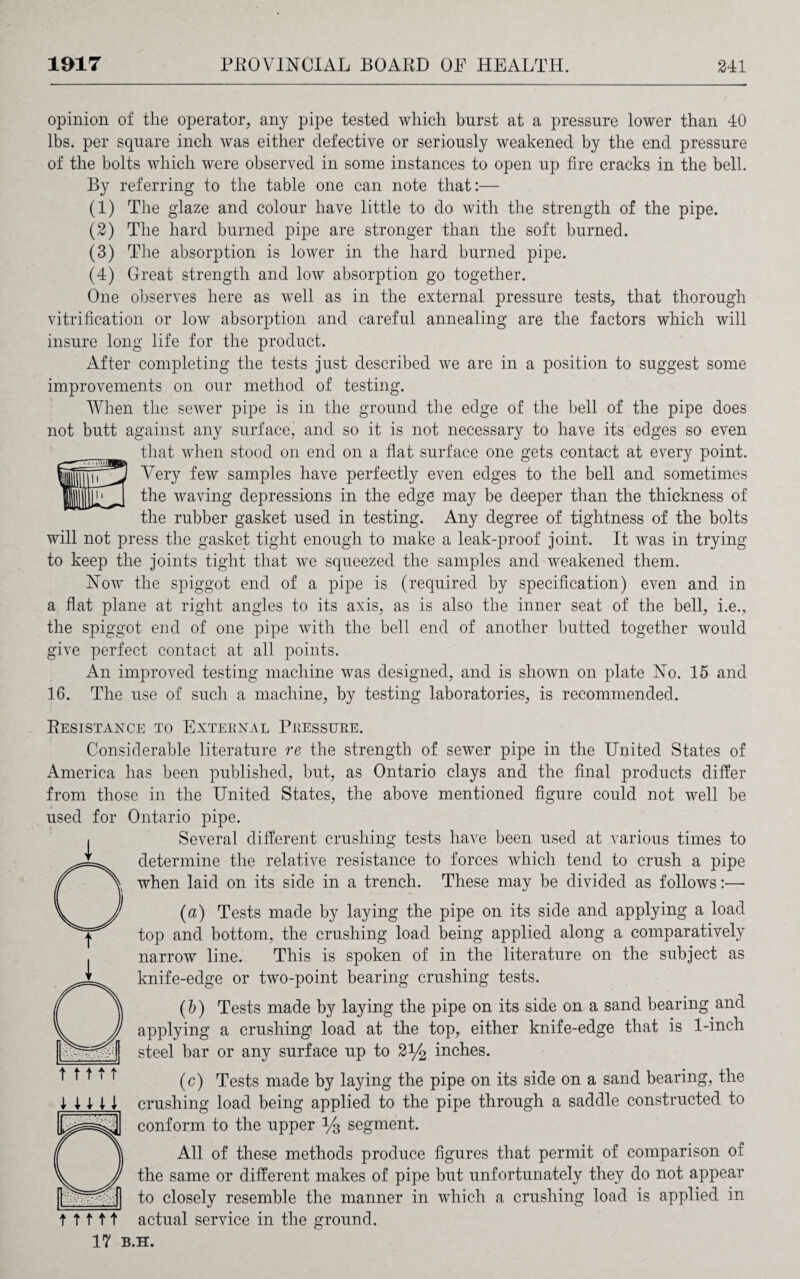 opinion of the operator, any pipe tested which burst at a pressure lower than 40 lbs. per square inch was either defective or seriously weakened by the end pressure of the bolts which were observed in some instances to open up fire cracks in the bell. By referring to the table one can note that:— (1) The glaze and colour have little to do with the strength of the pipe. (2) The hard burned pipe are stronger than the soft burned. (3) The absorption is lower in the hard burned pipe. (4) Great strength and low absorption go together. One observes here as well as in the external pressure tests, that thorough vitrification or low absorption and careful annealing are the factors which will insure long life for the product. After completing the tests just described we are in a position to suggest some improvements on our method of testing. When the sewer pipe is in the ground the edge of the bell of the pipe does not butt against any surface, and so it is not necessary to have its edges so even that when stood on end on a flat surface one gets contact at every point. Very few samples have perfectly even edges to the bell and sometimes the waving depressions in the edge may be deeper than the thickness of the rubber gasket used in testing. Any degree of tightness of the bolts will not press the gasket tight enough to make a leak-proof joint. It was in trying to keep the joints tight that we squeezed the samples and weakened them. Now the spiggot end of a pipe is (required by specification) even and in a flat plane at right angles to its axis, as is also the inner seat of the bell, i.e., the spiggot end of one pipe with the bell end of another butted together would give perfect contact at all points. An improved testing machine was designed, and is shown on plate No. 15 and 16. The use of such a machine, by testing laboratories, is recommended. Resistance to External Pressure. Considerable literature re the strength of sewer pipe in the United States of America has been published, but, as Ontario clays and the final products differ from those in the United States, the above mentioned figure could not well be used for Ontario pipe. I Several different crushing tests have been used at various times to determine the relative resistance to forces which tend to crush a pipe when laid on its side in a trench. These may be divided as follows:— (a) Tests made by laying the pipe on its side and applying a load top and bottom, the crushing load being applied along a comparatively narrow line. This is spoken of in the literature on the subject as knife-edge or two-point bearing crushing tests. (b) Tests made by laying the pipe on its side on a sand bearing and applying a crushing load at the top, either knife-edge that is 1-inch steel bar or any surface up to 2y2 inches. (c) Tests made by laying the pipe on its side on a sand bearing, the crushing load being applied to the pipe through a saddle constructed to conform to the upper % segment. All of these methods produce figures that permit of comparison of the same or different makes of pipe but unfortunately they do not appear to closely resemble the manner in which a crushing load is applied in actual service in the ground. M t 1111 17 B.H.