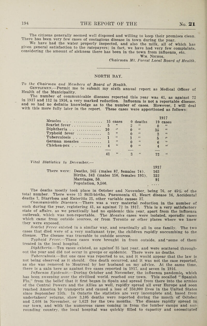 The citizens generally seemed well disposed and willing to keep their premises clean. There has been very few cases of contagious disease in town during the year. We have had the water properly inspected, and also the milk, all of which has gi\en general satisfaction to the ratepayers; in fact, we have had very few complaints, considering the amount of sickness there has been in the town from influenza, etc. Wm. Nichol Chairman Mi. Forest Local Board of Health. NORTH BAY. To the Chairman and Members of Board of Health. Gentlemen—Permit me to submit my sixth annual report as Medical Officer of Health of the Municipality. The number of communicable diseases reported this year was 41, as against 72 m 1917 and 112 in 1916, a very marked reduction. Influenza is not a reportable disease, and so had no definite knowledge as to the number of cases. However, I will deal with this more fully later in the report. These cases were apportioned as follows: 1917 19 cases 0 “ 35 3 “ 5 “ 4 ,r 72 “ 1917 163 332 91 The deaths mostly took place in October and November, being 76, or 45% of the total number. There were 15 Still-births, Pneumonia 61, Heart disease 16, Accidental deaths 7, Diarrhoea and Enteritis 25, other variable causes 37. Communicable Diseases.—There was a very material reduction in the number of such during the year, registering 41, as against 72 in 1917. This is a very satisfactory state of affairs, as we practically had no epidemic this year, apart from the influenza outbreak, which was non-reportable. The Measles cases were isolated, sporadic cases which came from outside sources, or from Toronto or other places where we knew they were exposed. Scarlet Fever existed in a similar way, and practically all in one family. The two cases that died were of a very malignant type, the children rapidly succumbing to the disease. The disease was traceable to outside sources. Typhoid Fever.—These cases were brought in from outside, and‘some of them treated in the local hospital. Diphtheria.—Ten cases existed, as against 35 last year, and were scattered through¬ out the year and did not occur in groups or epidemic. There were no deaths. Tuberculosis.—But one case was reported to us, and it would appear that the law is not being observed as it should. One death occurred, and it was not the case reported, as she was removed to Montreal by her husband on my advice. At the same time, there is a gain here as against five cases reported in 1917, and seven in 1916. Influenza. Epidemic.—During October and November, the influenza pandemic*, which has been sweeping over the civilized world, reached our town. This socalled “ Spanish Flu,” from the belief that it first began in 'Spain and spread from there into the armies of the Central Powers and the Allies as wTell, rapidly spread all over Europe and soon reached America by transports and caused a loss of 350,000 lives in the United States since September 15th. In Ontario the statistics are very incomplete and, based from undertakers’ returns, show 3,105 deaths were reported during the month of October and 2,608 in November, or 5,623 for the two months. The disease rapidly spread in our town, and with the numerous cases coming in from the lumber camps and sur¬ rounding country, the local hospital was quickly filled to capacity and necessitated Measles. 15 cases 0 deaths SrorlfU fpvor r: •< o << Scarlet fever. 5 it 2 it Diphtheria. . . 10 0 ii Typhoid fever . 5 a 0 it Tuberculosis. 1 cc 1 a German measles . it 0 a Chicken-pox. 4 a 0 a 41 a 3 tt Statistics to December.— There were: Deaths, 165 (males 87, females 74). Births, 343 (males 150, females 193). Marriages, 50. Population, 9,500.