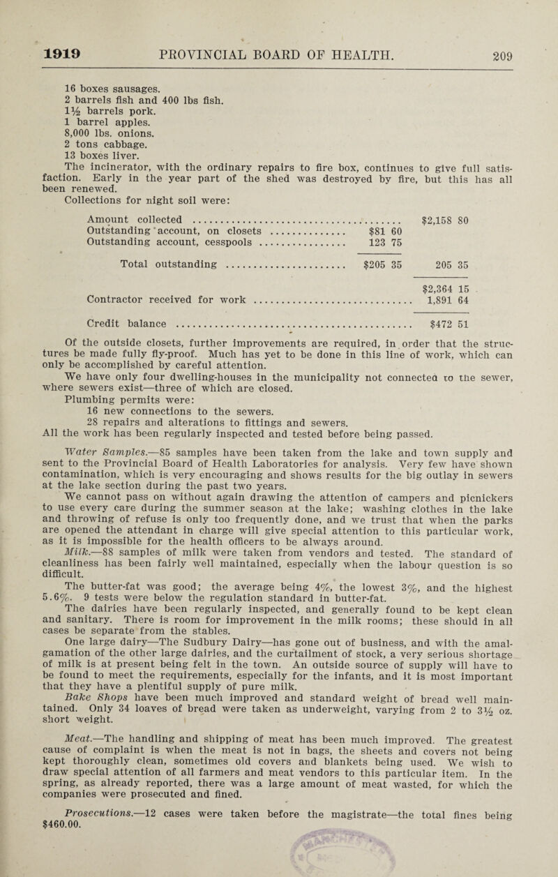 16 boxes sausages. 2 barrels fish and 400 lbs fish. iy2 barrels pork. 1 barrel apples. 8,000 lbs. onions. 2 tons cabbage. 13 boxes liver. The incinerator, with the ordinary repairs to fire box, continues to give full satis¬ faction. Early in the year part of the shed was destroyed by fire, but this has all been renewed. Collections for night soil were: Amount collected . $2,158 80 Outstanding‘account, on closets . $81 60 Outstanding account, cesspools . 123 75 Total outstanding . $205 35 205 35 $2,364 15 Contractor received for work . 1,891 64 Credit balance . $472 51 Of the outside closets, further improvements are required, in order that the struc¬ tures be made fully fly-proof. Much has yet to be done in this line of work, which can only be accomplished by careful attention. We have only four dwelling-houses in the municipality not connected to tne sewer, where sewers exist—three of which are closed. Plumbing permits were: 16 new connections to the sewers. 28 repairs and alterations to fittings and sewers. All the work has been regularly inspected and tested before being passed. Water Samples.—85 samples have been taken from the lake and town supply and sent to the Provincial Board of Health Laboratories for analysis. Very few have shown contamination, which is very encouraging and shows results for the big outlay in sewers at the lake section during the past two years. We cannot pass on without again drawing the attention of campers and picnickers to use every care during the summer season at the lake; washing clothes in the lake and throwing of refuse is only too frequently done, and we trust that when the parks are opened the attendant in charge will give special attention to this particular work, as it is impossible for the health officers to be always around. Milk.—88 samples of milk were taken from vendors and tested. The standard of cleanliness has been fairly well maintained, especially when the labour question is so difficult. The butter-fat was good; the average being 4%, the lowest 3%, and the highest 5.6%. 9 tests were below the regulation standard in butter-fat. The dairies have been regularly inspected, and generally found to be kept clean and sanitary. There is room for improvement in the milk rooms; these should in all cases be separate from the stables. One large dairy—The Sudbury Dairy—has gone out of business, and with the amal¬ gamation of the other large dairies, and the curtailment of stock, a very serious shortage of milk is at present being felt in the town. An outside source of supply will have to be found to meet the requirements, especially for the infants, and it is most important that they have a plentiful supply of pure milk. Bake Shops have been much improved and standard weight of bread well main¬ tained. Only 34 loaves of bread were taken as underweight, varying from 2 to 3y2 oz. short weight. Meat.—The handling and shipping of meat has been much improved. The greatest cause of complaint is when the meat is not in bags, the sheets and covers not being kept thoroughly clean, sometimes old covers and blankets being used. We wish to draw special attention of all farmers and meat vendors to this particular item. In the spring, as already reported, there was a large amount of meat wasted, for which the companies were prosecuted and fined. Prosecutions.—12 cases were taken before the magistrate—the total fines being $460.00.
