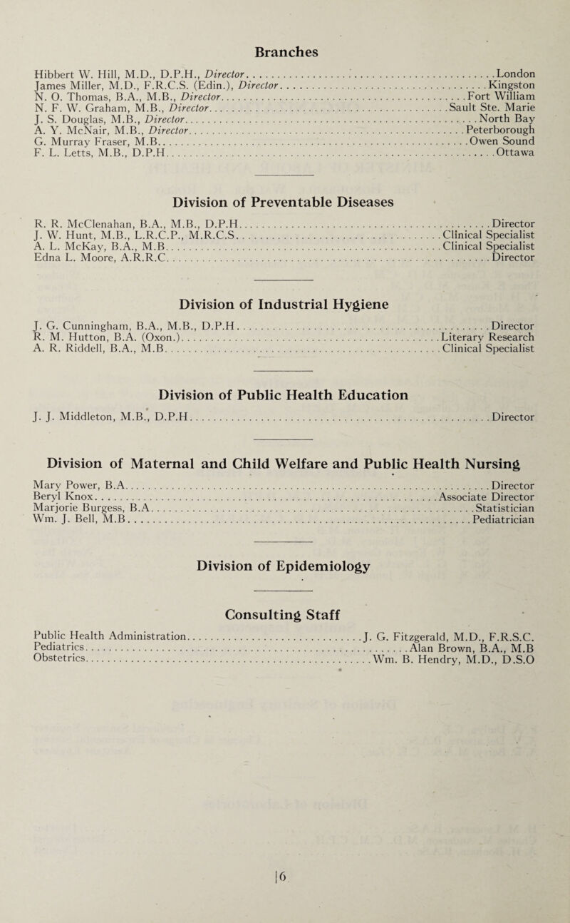 Branches Hibbert W. Hill, M.D., D.P.H., Director...London James Miller, M.D., F.R.C.S. (Edin.), Director.Kingston N. O. Thomas, B.A., M.B., Director.Fort William N. F. W. Graham, M.B., Director.Sault Ste. Marie J. S. Douglas, M.B., Director.North Bay A. Y. McNair, M.B., Director.Peterborough G. Murray Fraser, M.B...Owen Sound F. L. Letts, M.B., D.P.H.Ottawa Division of Preventable Diseases R. R. McClenahan, B.A., M.B., D.P.H.Director J. W. Hunt, M.B., L.R.C.P., M.R.C.S.Clinical Specialist A. L. McKay, B.A., M.B.Clinical Specialist Edna L. Moore, A.R.R.C.Director Division of Industrial Hygiene J. G. Cunningham, B.A., M.B., D.P.H.Director R. M. Hutton, B.A. (Oxon.).Literary Research A. R. Riddell, B.A., M.B.Clinical Specialist Division of Public Health Education J. J. Middleton, M.B., D.P.H.Director Division of Maternal and Child Welfare and Public Health Nursing Mary Power, B.A. Director Beryl Knox.Associate Director Marjorie Burgess, B.A.Statistician Wm. J. Bell, M.B.Pediatrician Division of Epidemiology Consulting Staff Public Health Administration.J. G. Fitzgerald, M.D., F.R.S.C. Pediatrics.Alan Brown, B.A., M.B Obstetrics.Wm. B. Hendry, M.D., D.S.O