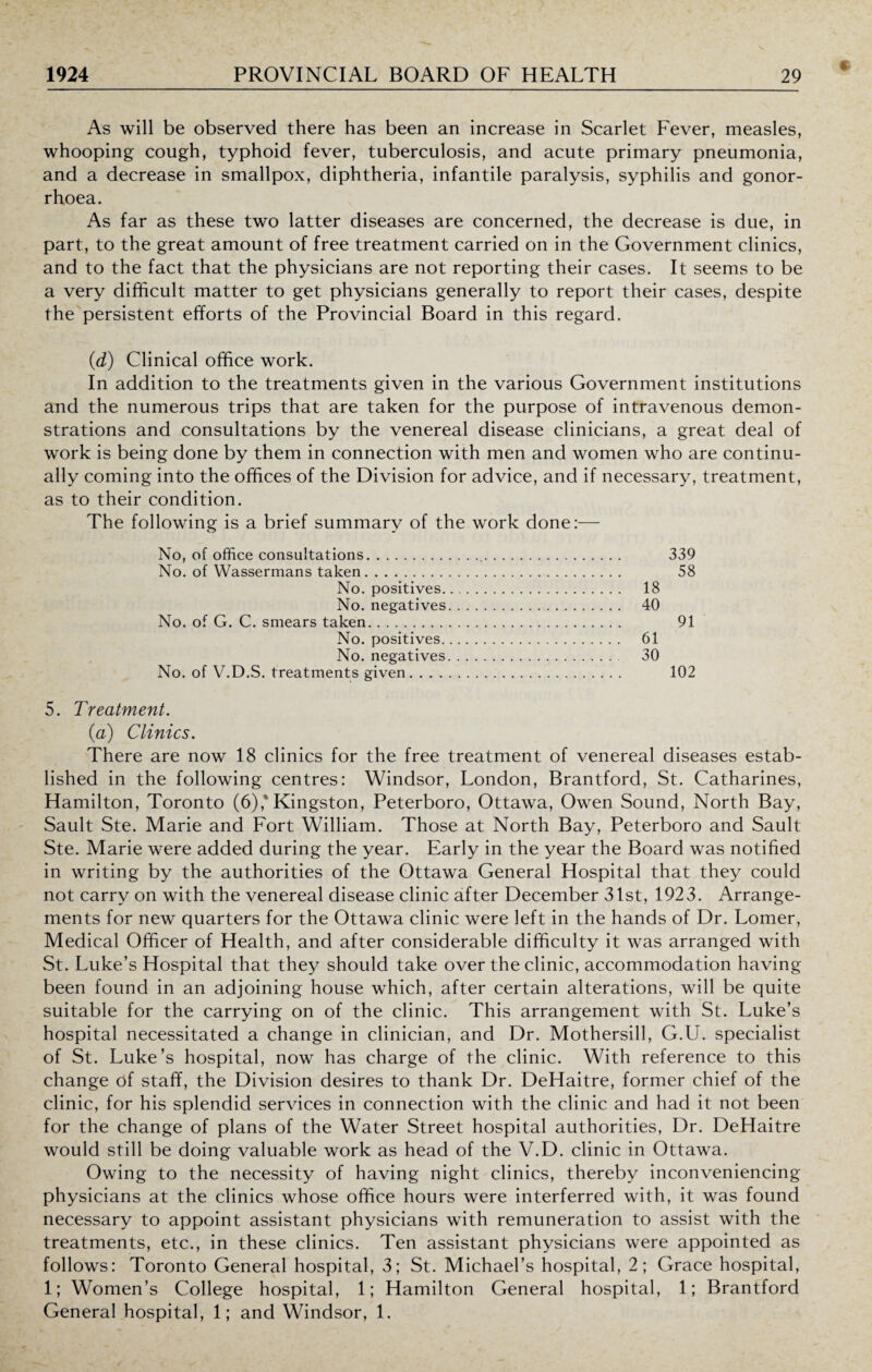 As will be observed there has been an increase in Scarlet Fever, measles, whooping cough, typhoid fever, tuberculosis, and acute primary pneumonia, and a decrease in smallpox, diphtheria, infantile paralysis, syphilis and gonor¬ rhoea. As far as these two latter diseases are concerned, the decrease is due, in part, to the great amount of free treatment carried on in the Government clinics, and to the fact that the physicians are not reporting their cases. It seems to be a very difficult matter to get physicians generally to report their cases, despite the persistent efforts of the Provincial Board in this regard. (d) Clinical office work. In addition to the treatments given in the various Government institutions and the numerous trips that are taken for the purpose of intravenous demon¬ strations and consultations by the venereal disease clinicians, a great deal of work is being done by them in connection with men and women who are continu¬ ally coming into the offices of the Division for advice, and if necessary, treatment, as to their condition. The following is a brief summary of the work done:— No, of office consultations... 339 No. of Wassermans taken. 58 No. positives. 18 No. negatives. 40 No. of G. C. smears taken. 91 No. positives. 61 No. negatives. 30 No. of V.D.S. treatments given. 102 5. Treatment. (a) Clinics. There are now 18 clinics for the free treatment of venereal diseases estab¬ lished in the following centres: Windsor, London, Brantford, St. Catharines, Hamilton, Toronto (6),'Kingston, Peterboro, Ottawa, Owen Sound, North Bay, Sault Ste. Marie and Fort William. Those at North Bay, Peterboro and Sault Ste. Marie were added during the year. Early in the year the Board was notified in writing by the authorities of the Ottawa General Hospital that they could not carry on with the venereal disease clinic after December 31st, 1923. Arrange¬ ments for new quarters for the Ottawa clinic were left in the hands of Dr. Lomer, Medical Officer of Health, and after considerable difficulty it was arranged with St. Luke’s Hospital that they should take over the clinic, accommodation having been found in an adjoining house which, after certain alterations, will be quite suitable for the carrying on of the clinic. This arrangement with St. Luke’s hospital necessitated a change in clinician, and Dr. Mothersill, G.U. specialist of St. Luke’s hospital, now has charge of the clinic. With reference to this change of staff, the Division desires to thank Dr. DeHaitre, former chief of the clinic, for his splendid services in connection with the clinic and had it not been for the change of plans of the Water Street hospital authorities, Dr. DeHaitre would still be doing valuable work as head of the V.D. clinic in Ottawa. Owing to the necessity of having night clinics, thereby inconveniencing physicians at the clinics whose office hours were interferred with, it was found necessary to appoint assistant physicians with remuneration to assist with the treatments, etc., in these clinics. Ten assistant physicians were appointed as follows: Toronto General hospital, 3; St. Michael’s hospital, 2; Grace hospital, 1; Women’s College hospital, 1; Hamilton General hospital, 1; Brantford General hospital, 1; and Windsor, 1.