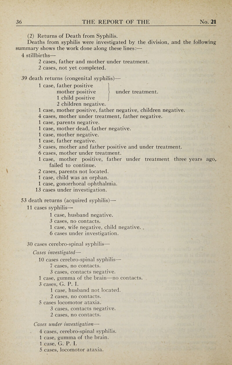 (2) Returns of Death from Syphilis. Deaths from syphilis were investigated by the division, and the following summary shows the work done along these lines:— 4 stillbirths— 2 cases, father and mother under treatment. 2 cases, not yet completed. under treatment. 39 death returns (congenital syphilis)— 1 case, father positive mother positive 1 child positive 2 children negative. 1 case, mother positive, father negative, children negative. 4 cases, mother under treatment, father negative. 1 case, parents negative. 1 case, mother dead, father negative. 1 case, mother negative. 1 case, father negative. 5 cases, mother and father positive and under treatment. 6 cases, mother under treatment. 1 case, mother positive, father under treatment three years failed to continue. 2 cases, parents not located. 1 case, child was an orphan. 1 case, gonorrhoeal ophthalmia. 13 cases under investigation. ago, 53 death returns (acquired syphilis)— 11 cases syphilis— 1 case, husband negative. 3 cases, no contacts. 1 case, wife negative, child negative. . 6 cases under investigation. 30 cases cerebro-spinal syphilis— Cases investigated— 10 cases cerebro-spinal syphilis— 7 cases, no contacts. 3 cases, contacts negative. 1 case, gumma of the brain—no contacts. 3 cases, G. P. I. 1 case, husband not located. 2 cases, no contacts. 5 cases locomotor ataxia. 3 cases, contacts negative. 2 cases, no contacts. Cases under investigation— 4 cases, cerebro-spinal syphilis. 1 case, gumma of the brain. 1 case, G. P. I. 5 cases, locomotor ataxia.