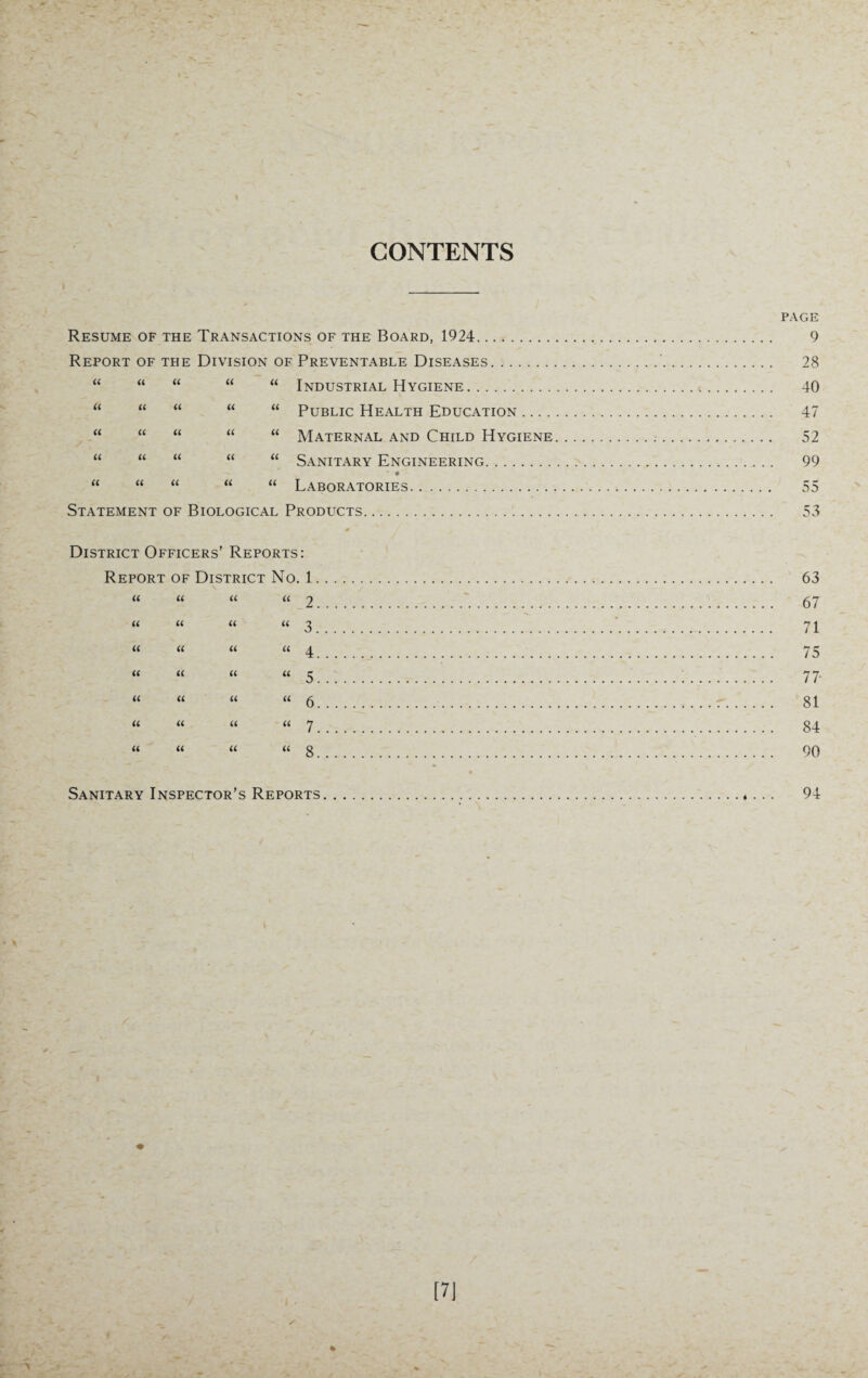 CONTENTS PAGE Resume of the Transactions of the Board, 1924. 9 Report of the Division of Preventable Diseases.'. 28 « a u it u Industrial Hygiene. . 40 u tt tt u « Public Health Education. . 47 « tt u a u Maternal and Child Hygiene. . 52 tc u u tt u Sanitary Engineering. . 99 u tt tt a tt Laboratories. . 55 Statement of Biological Products. 53 District Officers’ Reports: Report of District No. 1 « it u u 2 a u it It 3 u u u it 4 u u u u 5 u u u u 6 u u « u 7 u a « a s 63 67 71 75 77- 81 84 90 Sanitary Inspector’s Reports 94 [7] 1 %