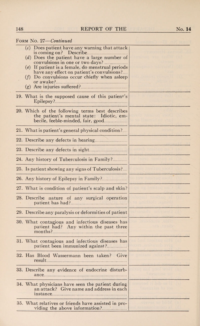 Form No. 27—Continued (c) Does patient have any warning that attack is coming on? Describe. (d) Does the patient have a large number of convulsions in one or two days?. (e) If patient is a female, do menstrual periods have any effect on patient’s convulsions?.... (/) Do convulsions occur chiefly when asleep or awake?. (g) Are injuries suffered?. 19. What is the supposed cause of this patient’s Epilepsy?. 20. Which of the following terms best describes the patient’s mental state: Idiotic, em- becile, feeble-minded, fair, gpod. 21. What is patient’s general physical condition?... 22. Describe any defects in hearing. 23. Describe any defects in sight. 24. Any history of Tuberculosis in Family?. 25. Is patient showing any signs of Tuberculosis?.... 26. Any history of Epilepsy in Family?. 27. What is condition of patient’s scalp and skin? 28. Describe nature of any surgical operation patient has had?... 29. Describe any paralysis or deformities of patient 30. What contag/ous and infectious diseases has palient had? Any within the past three months?. 31. What contagious and infectious diseases has patient been immunized against?. 32. Has Blood Wassermann been taken? Give result. 33. Describe any evidence of endocrine disturb¬ ance........... 34. What physicians have seen the patient during an attack? Give name and address in each instance. 35. What relatives or friends have assisted in pro¬ viding the above information?......