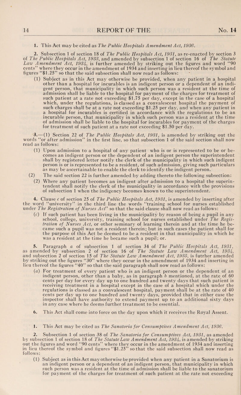 1. This Act may be cited as The Public Hospitals Amendment Act, 1936. 2. Subsection 1 of section 18 of The Public Hospitals Act, 1931, as re-enacted by section 3 of The Public Hospitals Act, 1933, and amended by subsection 1 of section 16 of The Statute Law Amendment Act, 1934, is further amended by striking out the figures and word “90 cents” where they occur in the amendment of 1934 and inserting in lieu thereof the symbol and figures “$1.25” so that the said subsection shall now read as follows: (1) Subject as in this Act may otherwise be provided, when any patient in a hospital other than a hospital for incurables is an indigent person or a dependent of an indi¬ gent person, that municipality in which such person was a resident at the time of admission shall be liable to the hospital for payment of the charges for treatment of such patient at a rate not exceeding $1.75 per day, except in the case of a hospital which, under the regulations, is classed as a convalescent hospital the payment of such charges shall be at a rate not exceeding $1.25 per day, and when any patient in a hospital for incurables is certified in accordance with the regulations to be an incurable person, that municipality in which such person was a resident at the time of admission shall be liable to the hospital for incurables for payment of the charges for treatment of such patient at a rate not exceeding $1.50 per day. 3. —(1) Section 22 of The Public Hospitals Act, 1931, is amended by striking out the words “or after admission” in the first line, so that subsection 1 of the said section shall now read as follows: (1) Upon admission to a hospital of any patient who is or is represented to be or be¬ comes an indigent person or the dependent of an indigent person the superintendent shall by registered letter notify the clerk of the municipality in which such indigent person is or is represented to be a resident, of such admission, giving such particulars as may be ascertainable to enable the clerk to identify the indigent person. (2) The said section 22 is further amended by adding thereto the following subsection: (2) Where any patient becomes an indigent after admission to a hospital the superin¬ tendent shall notify the clerk of the municipality in accordance with the provisions of subsection 1 when the indigency becomes known to the superintendent. 4. Clause c of section 25 of The Public Hospitals Act, 1931, is amended by inserting after the word “university” in the third line the words “training school for nurses established under The Registration of Nurses Act” so that the said clause shall now read as follows: (c) If such patient has been living in the municipality by reason of being a pupil in any school, college, university, training school for nurses established under The Regis¬ tration of Nurses Act, or other seminary of learning therein and at the time he be¬ came such a pupil was not a resident therein; but in such cases the patient shall for the purpose of this Act be deemed to be a resident in that municipality in which he was a resident at the time he became such a pupil; or. 5. Paragraph a of subsection 1 of section 34 of The Public Hospitals Act, 1931, as amended by subsection 2 of section 16 of The Statute Law Amendment Act, 1934, and subsection 2 of section 15 of The Statute Law Amendment Act, 1935, is futrher amended by striking out the figures “30” where they occur in the amendment of 1934 and inserting in lieu thereof the figures “40” so that the said paragraph shall now read as follows: (a) For treatment of every patient who is an indigent person or the dependent of an indigent person, other than a baby, as in paragraph b mentioned, at the rate of 60 cents per day for every day up to one hundred and twenty days that such patient is receiving treatment in a hospital except in the case of a hospital which under the regulations is classed as a convalescent hospital, payment shall be at the rate of 40 cents per day up to one hundred and twenty days, provided that in either case the inspector shall have authority to extend payment up to an additional sixty days in any case where he deems further treatment to be essential. 6. This Act shall come into force on the day upon which it receives the Royal Assent. 1. This Act may be cited as The Sanatoria for Consumptives Amendment Act, 1936. 2. Subsection 1 of section 38 of The Sanatoria for Consumptives Act, 1931, as amended by subsection 1 of section 18 of The Statute Law A mendment Act, 1934, is amended by striking out the figures and word “90 cents” where they occur in the amendment of 1934 and inserting in lieu thereof the symbol and figures “$1.25” so that the said subsection shall now read as follows: (1) Subject as in this Act may otherwise be provided when any patient in a Sanatorium is an indigent person or a dependent of an indigent person, that municipality in which such person was a resident at the time of admission shall be liable to the sanatorium for payment of the charges for treatment of such patient at the rate not exceeding