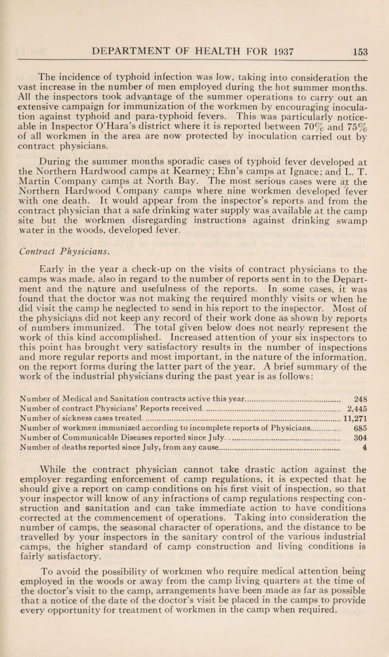 The incidence of typhoid infection was low, taking into consideration the vast increase in the number of men employed during the hot summer months. All the inspectors took advantage of the summer operations to carry out an extensive campaign for immunization of the workmen by encouraging inocula¬ tion against typhoid and para-typhoid fevers. This was particularly notice¬ able in Inspector O’Hara’s district where it is reported between 70% and 75% of all workmen in the area are now protected by inoculation carried out by contract physicians. During the summer months sporadic cases of typhoid fever developed at the Northern Hardwood camps at Kearney; Ehn’s camps at Ignace; and L. T. Martin Company camps at North Bay. The most serious cases were at the Northern Hardwood Company camps where nine workmen developed fever with one death. It would appear from the inspector’s reports and from the contract physician that a safe drinking water supply was available at the camp site but the workmen disregarding instructions against drinking swamp water in the woods, developed fever. Contract Physicians. Early in the year a check-up on the visits of contract physicians to the camps was made, also in regard to the number of reports sent in to the Depart¬ ment and the nature and usefulness of the reports. In some cases, it was found that the doctor was not making the required monthly visits or when he did visit the camp he neglected to send in his report to the inspector. Most of the physicians did not keep any record of their work done as shown by reports of numbers immunized. The total given below does not nearly represent the work of this kind accomplished. Increased attention of your six inspectors to this point has brought very satisfactory results in the number of inspections and more regular reports and most important, in the nature of the information, on the report forms during the latter part of the year. A brief summary of the work of the industrial physicians during the past year is as follows: Number of Medical and Sanitation contracts active this year. 248 Number of contract Physicians’ Reports received. 2,445 Number of sickness cases treated. 11,271 Number of workmen immunized according to incomplete reports of Physicians. 685 Number of Communicable Diseases reported since July. 304 Number of deaths reported since July, from any cause. 4 While the contract physician cannot take drastic action against the employer regarding enforcement of camp regulations, it is expected that he should give a report on camp conditions on his first visit of inspection, so that your inspector will know of any infractions of camp regulations respecting con¬ struction and sanitation and can take immediate action to have conditions corrected at the commencement of operations. Taking into consideration the number of camps, the seasonal character of operations, and the distance to be travelled by your inspectors in the sanitary control of the various industrial camps, the higher standard of camp construction and living conditions is fairly satisfactory. To avoid the possibility of workmen who require medical attention being employed in the woods or away from the camp living quarters at the time of the doctor’s visit to the camp, arrangements have been made as far as possible that a notice of the date of the doctor’s visit be placed in the camps to provide every opportunity for treatment of workmen in the camp when required.