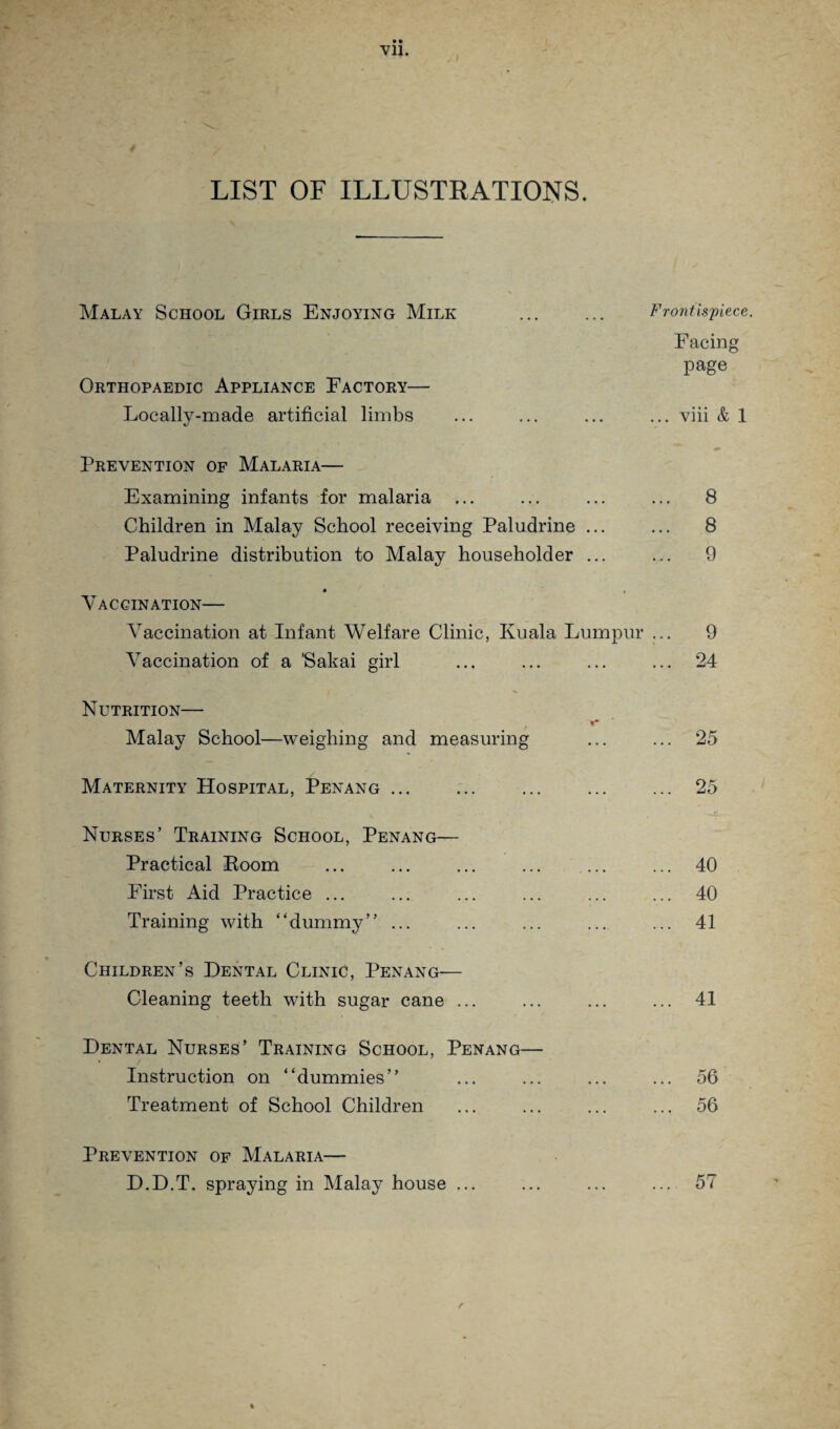 LIST OF ILLUSTRATIONS. Malay School Girls Enjoying Milk ... ... Frontispiece. Facing page Orthopaedic Appliance Factory— Locally-made artificial limbs ... ... ... ... viii & 1 Prevention of Malaria— Examining infants for malaria ... ... ... ... 8 Children in Malay School receiving Paludrine ... ... 8 Paludrine distribution to Malay householder ... ... 9 Vaccination— Vaccination at Infant Welfare Clinic, Kuala Lumpur ... 9 Vaccination of a 'Sakai girl ... ... ... ... 24 Nutrition— Malay School—weighing and measuring ... ... 25 Maternity Hospital, Penang. ... ... ... 25 Nurses’ Training School, Penang— Practical Boom ... ... ... ... ... ... 40 First Aid Practice ... ... ... ... ... ... 40 Training with “dummy” ... ... ... ... ... 41 Children’s Dental Clinic, Penang— Cleaning teeth with sugar cane ... ... ... ... 41 Dental Nurses’ Training School, Penang— Instruction on “dummies” ... ... ... ... 56 Treatment of School Children ... ... ... ... 56 Prevention of Malaria— D.D.T. spraying in Malay house ... ... ... ... 57