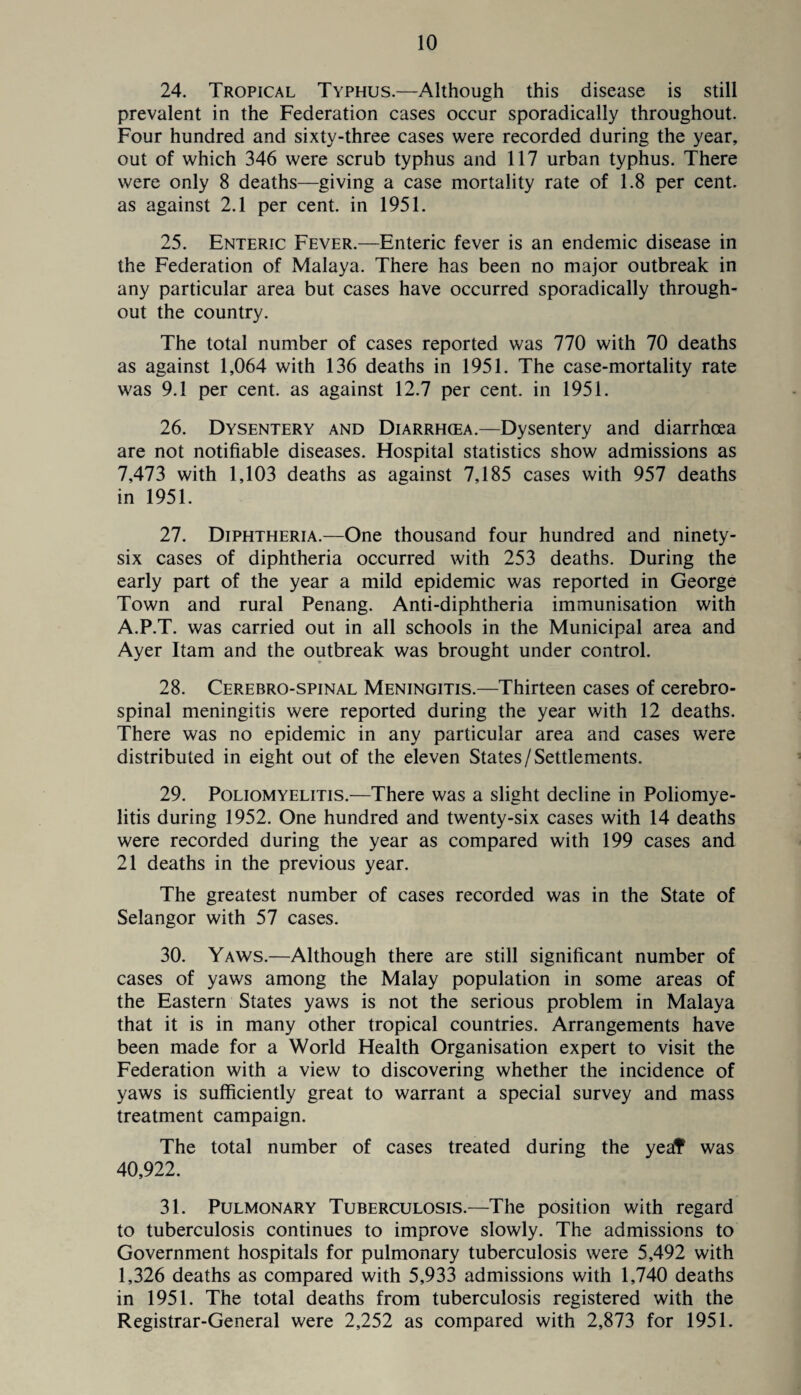 24. Tropical Typhus.—Although this disease is still prevalent in the Federation cases occur sporadically throughout. Four hundred and sixty-three cases were recorded during the year, out of which 346 were scrub typhus and 117 urban typhus. There were only 8 deaths—giving a case mortality rate of 1.8 per cent, as against 2.1 per cent, in 1951. 25. Enteric Fever.—Enteric fever is an endemic disease in the Federation of Malaya. There has been no major outbreak in any particular area but cases have occurred sporadically through¬ out the country. The total number of cases reported was 770 with 70 deaths as against 1,064 with 136 deaths in 1951. The case-mortality rate was 9.1 per cent, as against 12.7 per cent, in 1951. 26. Dysentery and Diarrhcea.—Dysentery and diarrhoea are not notifiable diseases. Hospital statistics show admissions as 7,473 with 1,103 deaths as against 7,185 cases with 957 deaths in 1951. 27. Diphtheria.—One thousand four hundred and ninety- six cases of diphtheria occurred with 253 deaths. During the early part of the year a mild epidemic was reported in George Town and rural Penang. Anti-diphtheria immunisation with A.P.T. was carried out in all schools in the Municipal area and Ayer Itam and the outbreak was brought under control. 28. Cerebrospinal Meningitis.—Thirteen cases of cerebro¬ spinal meningitis were reported during the year with 12 deaths. There was no epidemic in any particular area and cases were distributed in eight out of the eleven States/Settlements. 29. Poliomyelitis.—There was a slight decline in Poliomye¬ litis during 1952. One hundred and twenty-six cases with 14 deaths were recorded during the year as compared with 199 cases and 21 deaths in the previous year. The greatest number of cases recorded was in the State of Selangor with 57 cases. 30. Yaws.—Although there are still significant number of cases of yaws among the Malay population in some areas of the Eastern States yaws is not the serious problem in Malaya that it is in many other tropical countries. Arrangements have been made for a World Health Organisation expert to visit the Federation with a view to discovering whether the incidence of yaws is sufficiently great to warrant a special survey and mass treatment campaign. The total number of cases treated during the yea? was 40,922. 31. Pulmonary Tuberculosis.—The position with regard to tuberculosis continues to improve slowly. The admissions to Government hospitals for pulmonary tuberculosis were 5,492 with 1,326 deaths as compared with 5,933 admissions with 1,740 deaths in 1951. The total deaths from tuberculosis registered with the Registrar-General were 2,252 as compared with 2,873 for 1951.