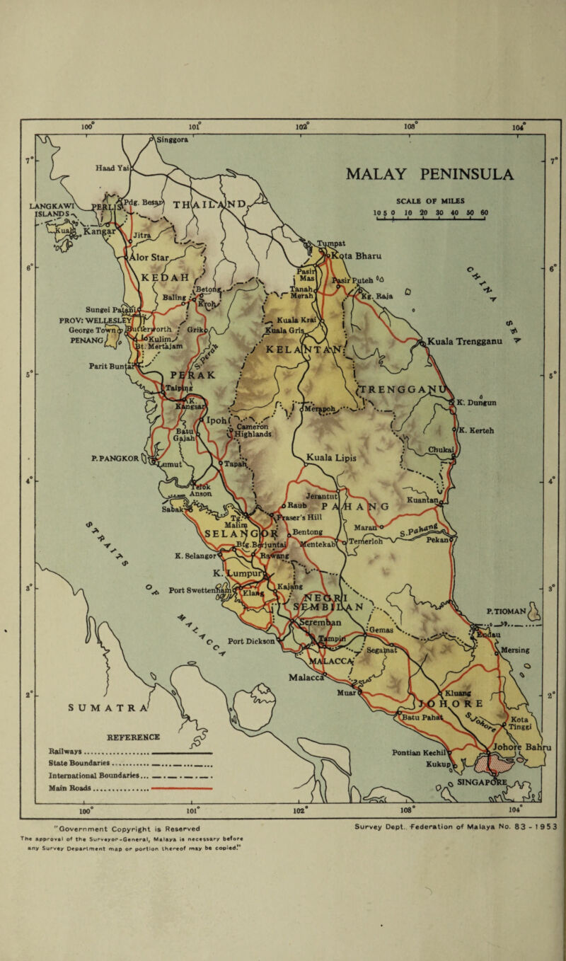 Government Copyright is Reserved Survey Dept. Federation of Malaya No. 83-1953 The approval of the Surveyor-General, Malaya is necessary before any Survey Department map or portion thereof may be copied**