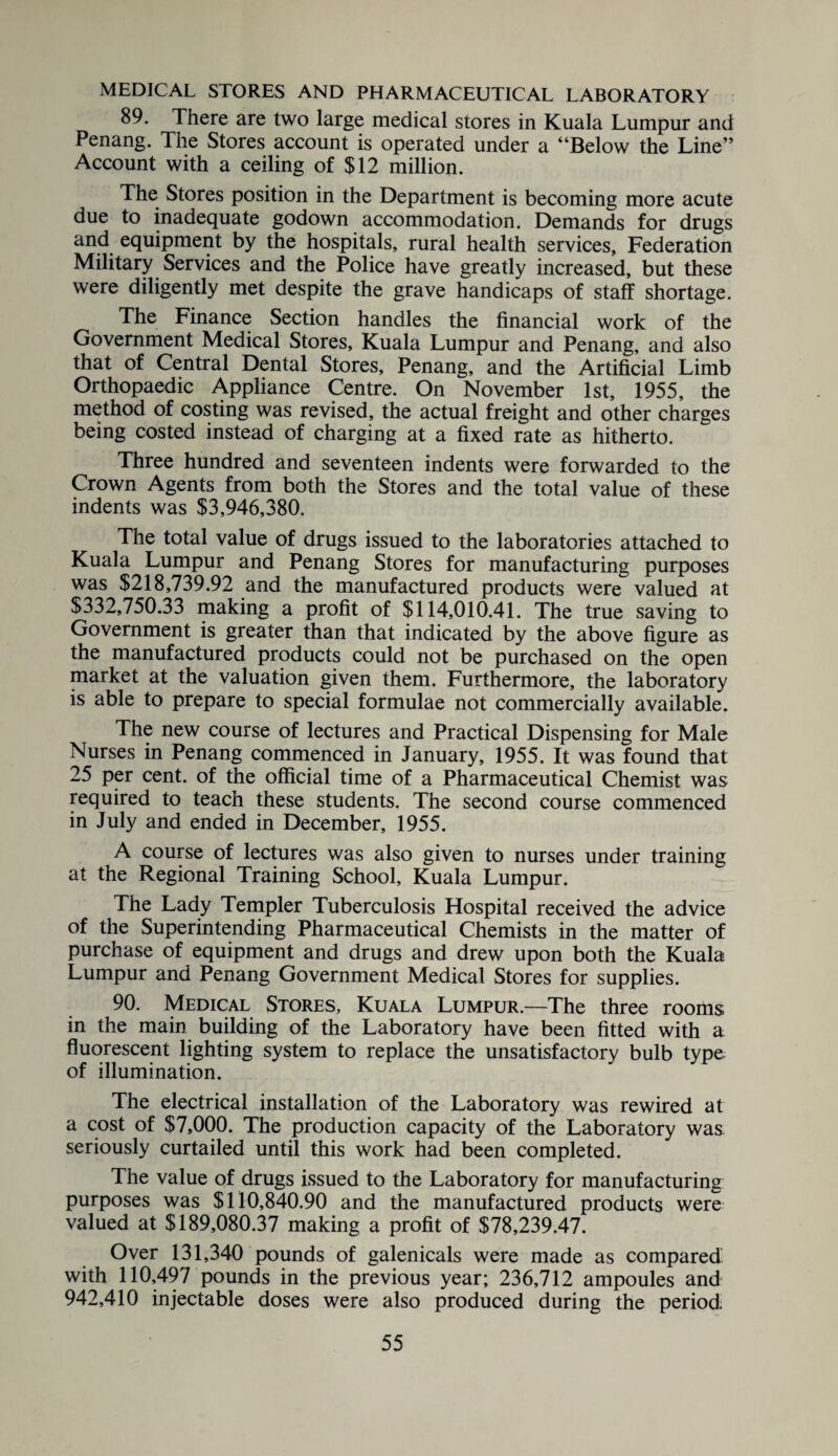 MEDICAL STORES AND PHARMACEUTICAL LABORATORY 89. There are two large medical stores in Kuala Lumpur and Penang. The Stores account is operated under a “Below the Line” Account with a ceiling of $12 million. The Stores position in the Department is becoming more acute due to inadequate godown accommodation. Demands for drugs and equipment by the hospitals, rural health services. Federation Military Services and the Police have greatly increased, but these were diligently met despite the grave handicaps of staff shortage. The Finance Section handles the financial work of the Government Medical Stores, Kuala Lumpur and Penang, and also that of Central Dental Stores, Penang, and the Artificial Limb Orthopaedic Appliance Centre. On November 1st, 1955, the method of costing was revised, the actual freight and other charges being costed instead of charging at a fixed rate as hitherto. Three hundred and seventeen indents were forwarded to the Crown Agents from both the Stores and the total value of these indents was $3,946,380. The total value of drugs issued to the laboratories attached to Kuala Lumpur and Penang Stores for manufacturing purposes was $218,739.92 and the manufactured products were valued at $332,750.33 making a profit of $114,010.41. The true saving to Government is greater than that indicated by the above figure as the manufactured products could not be purchased on the open market at the valuation given them. Furthermore, the laboratory is able to prepare to special formulae not commercially available. The new course of lectures and Practical Dispensing for Male Nurses in Penang commenced in January, 1955. It was found that 25 per cent, of the official time of a Pharmaceutical Chemist was required to teach these students. The second course commenced in July and ended in December, 1955. A course of lectures was also given to nurses under training at the Regional Training School, Kuala Lumpur. The Lady Templer Tuberculosis Hospital received the advice of the Superintending Pharmaceutical Chemists in the matter of purchase of equipment and drugs and drew upon both the Kuala Lumpur and Penang Government Medical Stores for supplies. 90. Medical Stores, Kuala Lumpur.—The three rooms in the main building of the Laboratory have been fitted with a fluorescent lighting system to replace the unsatisfactory bulb type of illumination. The electrical installation of the Laboratory was rewired at a cost of $7,000. The production capacity of the Laboratory was seriously curtailed until this work had been completed. The value of drugs issued to the Laboratory for manufacturing purposes was $110,840.90 and the manufactured products were valued at $189,080.37 making a profit of $78,239.47. Over 131,340 pounds of galenicals were made as compared with 110,497 pounds in the previous year; 236,712 ampoules and 942,410 injectable doses were also produced during the period