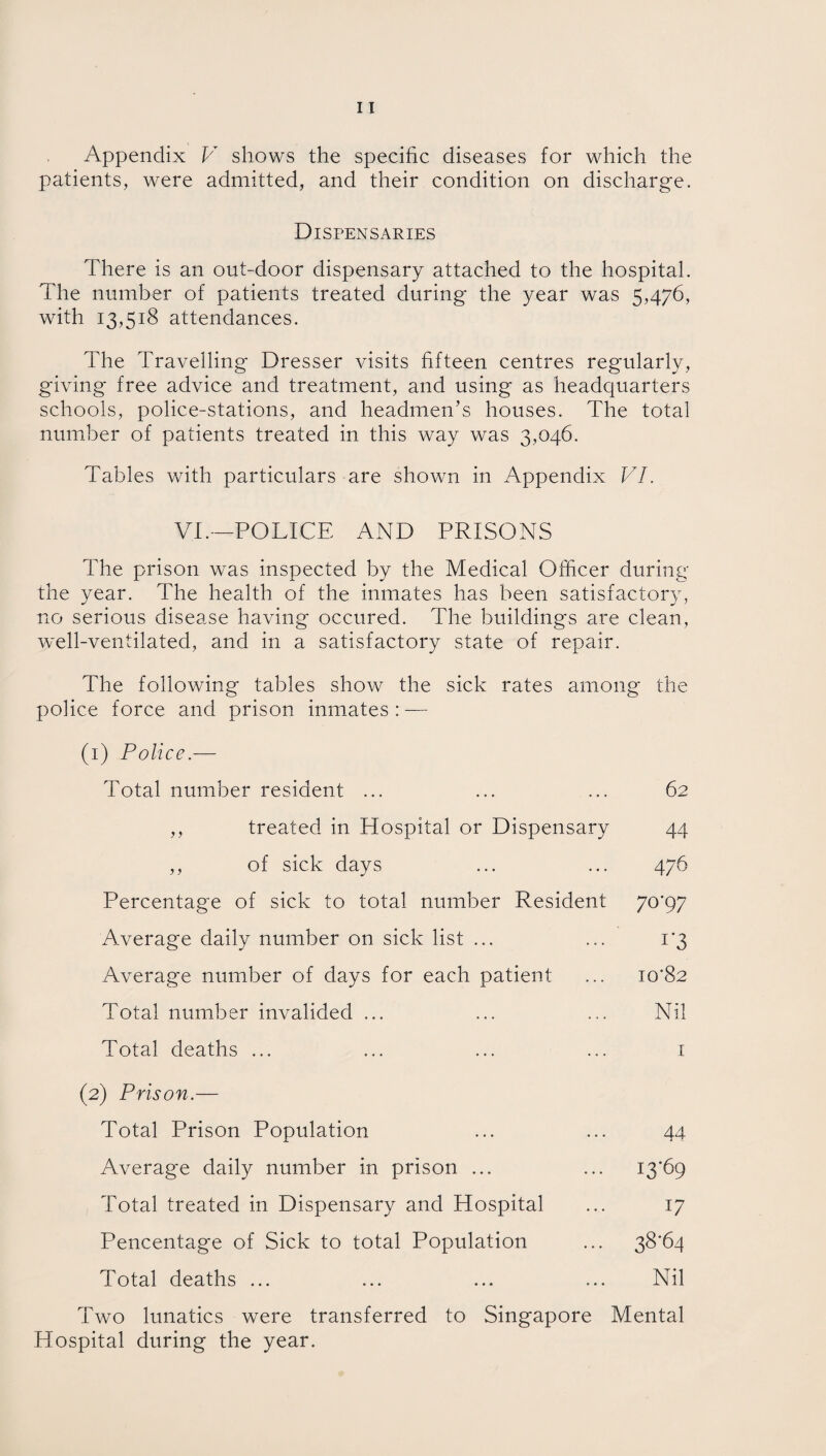 patients, were admitted, and their condition on discharge. Dispensaries There is an out-door dispensary attached to the hospital. The number of patients treated during the year was 5,476, with 13,518 attendances. The Travelling Dresser visits fifteen centres regularly, giving free advice and treatment, and using as headquarters schools, police-stations, and headmen’s houses. The total number of patients treated in this way was 3,046. Tables with particulars are shown in Appendix VI. VI.—POLICE AND PRISONS The prison was inspected by the Medical Officer during the year. The health of the inmates has been satisfactory, no serious disease having occured. The buildings are clean, well-ventilated, and in a satisfactory state of repair. The following tables show the sick rates among the police force and prison inmates : — (1) Police.— Total number resident ... ,, treated in Hospital or Dispensary ,, of sick days Percentage of sick to total number Resident Average daily number on sick list ... Average number of days for each patient Total number invalided ... Total deaths ... 62 44 476 70-97 1'3 10*82 Nil 1 (2) Prison.— Total Prison Population ... ... 44 Average daily number in prison ... ... 13*69 Total treated in Dispensary and Hospital ... 17 Pencentage of Sick to total Population ... 38*64 Total deaths ... ... ... ... Nil Two lunatics were transferred to Singapore Mental Hospital during the year.