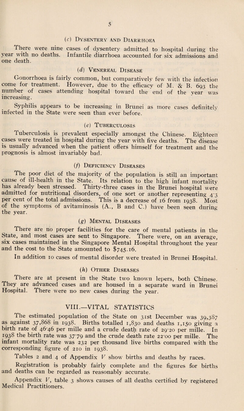 (c) Dysentery and Diarrhoea 1 here were nine cases of dysentery admitted to hospital during the year with no deaths. Infantile diarrhoea accounted for six admissions and one death. (d) Venereal Disease Gonorrhoea is fairly common, but comparatively few with the infection come for treatment. However, due to the efficacy of M. & B. 693 the number of cases attending hospital toward the end of the year was increasing. Syphilis appears to be increasing in Brunei as more cases definitely infected in the State were seen than ever before. (e) Tuberculosis Tuberculosis is prevalent especially amongst the Chinese. Eighteen cases were treated in hospital during the year with five deaths. The disease is usually advanced when the patient offers himself for treatment and the prognosis is almost invariably bad. (/) Deficiency Diseases The poor diet of the majority of the population is still an important cause of ill-health in the State. Its relation to the high infant mortality has already been stressed. Thirty-three cases in the Brunei hospital were admitted for nutritional disorders, of one sort or another representing 4*3 per cent of the total admissions. This is a decrease of 16 from 1938. Most of the symptoms of avitaminosis (A., B and C.) have been seen during the year. (g) Mental Diseases There are no proper facilities for the care of mental patients in the State, and most cases are sent to Singapore. There were, on an average, six cases maintained in the Singapore Mental Hospital throughout the year and the cost to the State amounted to $745.16. In addition 10 cases of mental disorder were treated in Brunei Hospital. (h) Other Diseases There are at present in the State two known lepers, both Chinese. They are advanced cases and are housed in a separate ward in Brunei Hospital. There were no new cases during the year. VIII.—VITAE STATISTICS The estimated population of the State on 31st December was 39,387 as against 37,868 in 1938. Births totalled 1,830 and deaths 1,150 giving a birth rate of 46*46 per mille and a crude death rate of 29*20 per mille. In 1938 the birth rate was 3779 and the crude death rate 22*00 per mille. The infant mortality rate was 232 per thousand live births compared with the corresponding figure of 210 in 1938. Tables 2 and 4 of Appendix V show births and deaths by races. Registration is probably fairly complete and the figures for births and deaths can be regarded as reasonably accurate. Appendix V, table 3 shows causes of all deaths certified by registered Medical Practitioners.